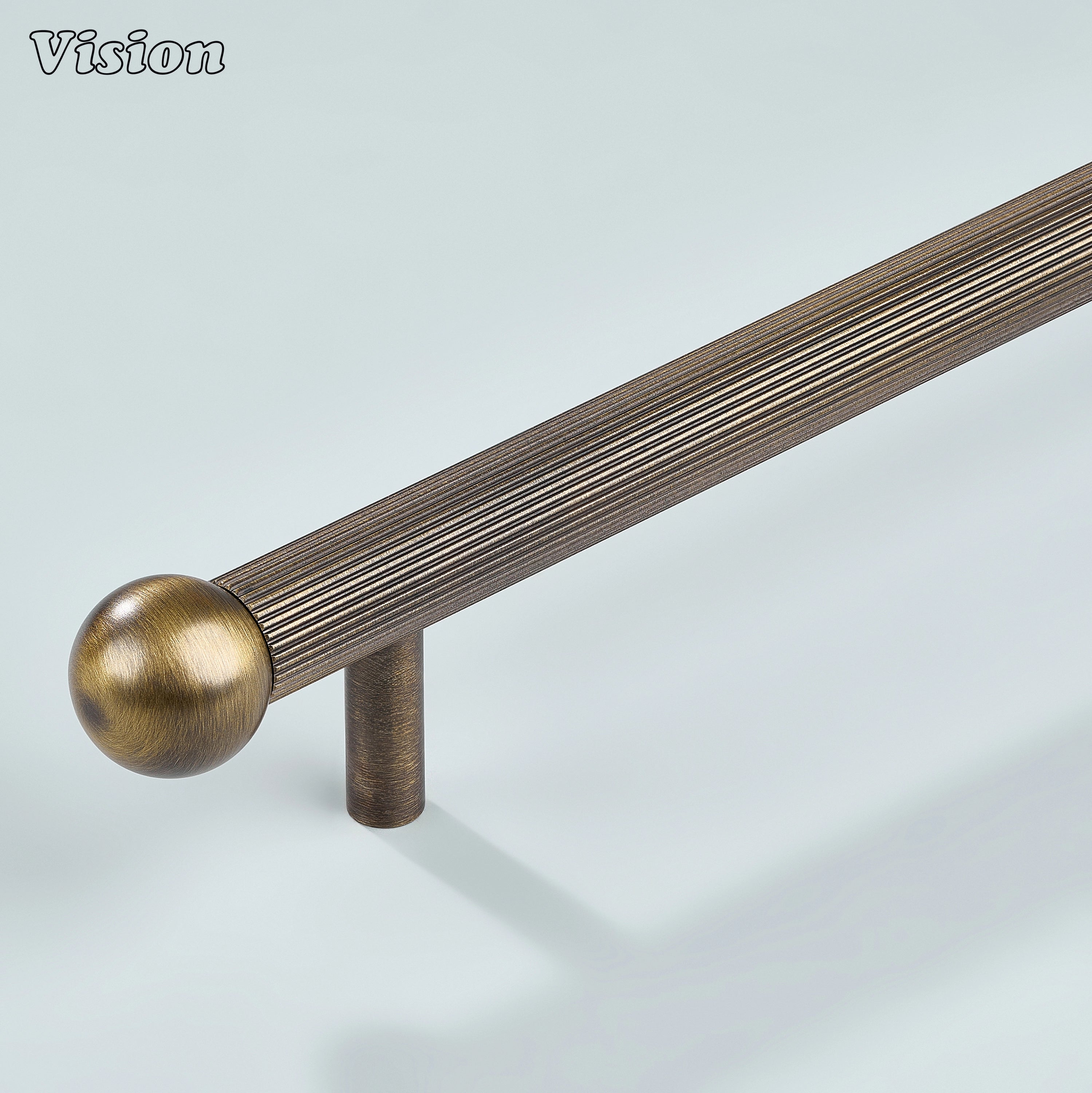 Antique Bronze linear knurled handle with brass ball ends and cylinder legs for classic cabinet styling.