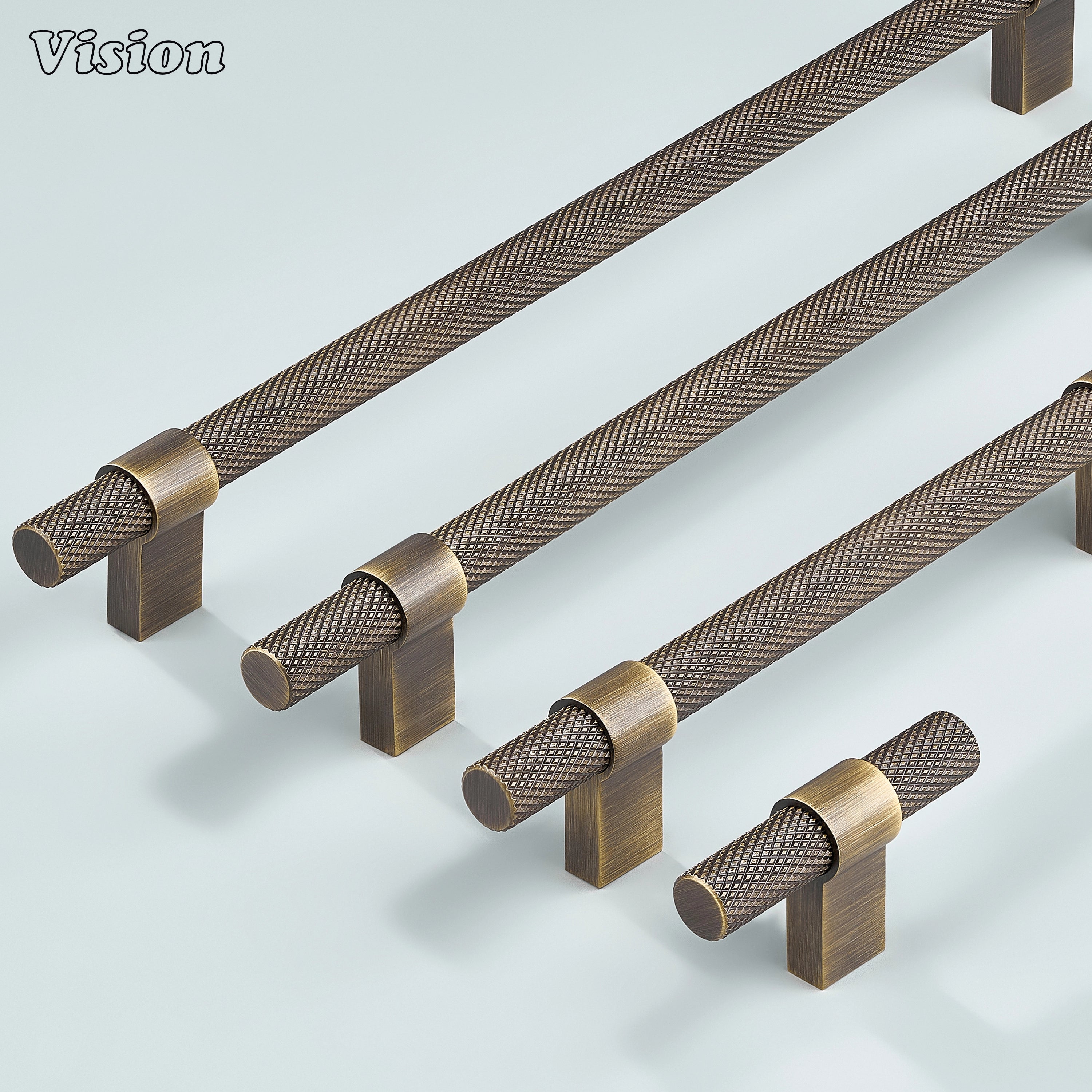 Vintage-look antique bronze knurled handle with square supports for cabinetry.