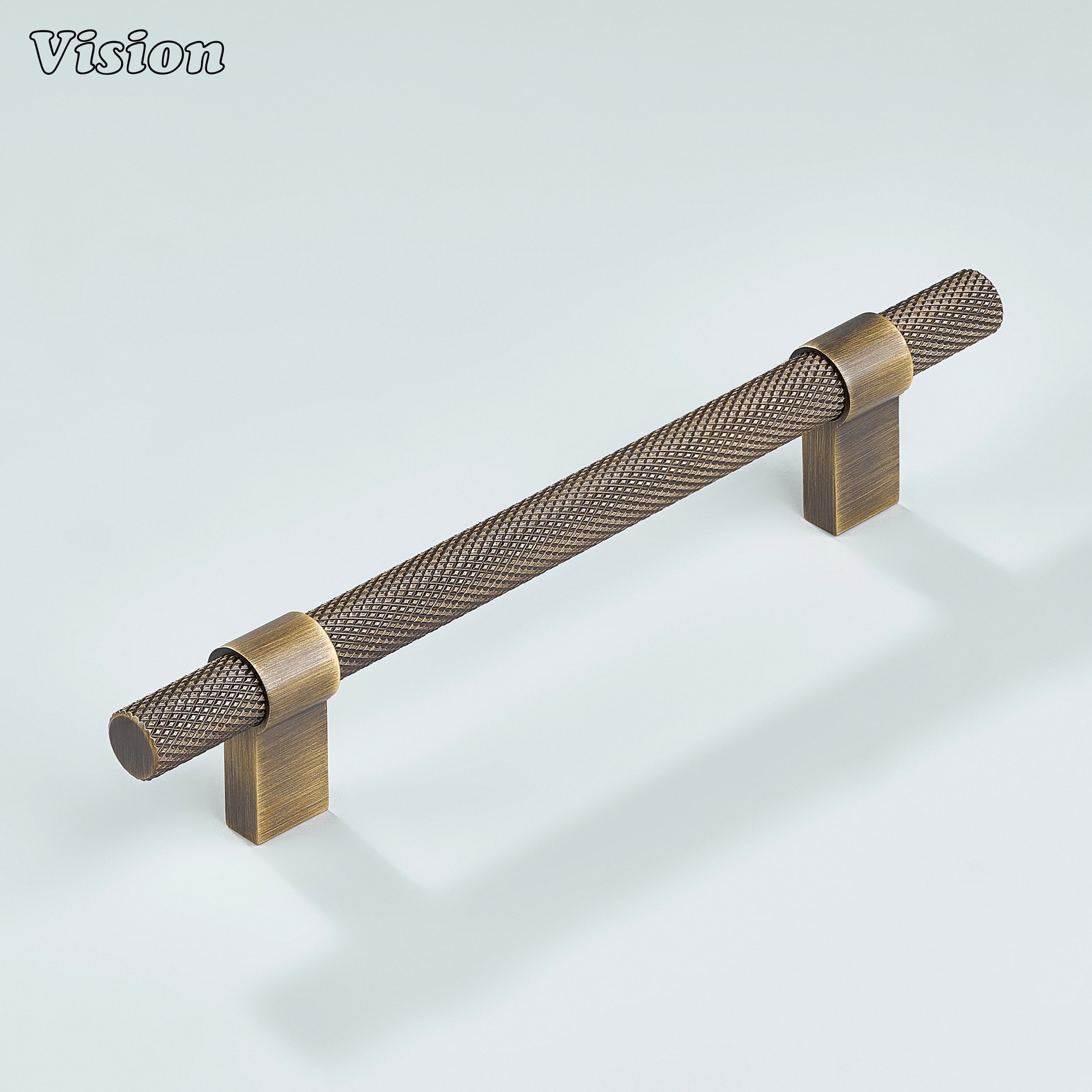 Antique bronze textured knurled handle with ringed legs for modern classic interiors.