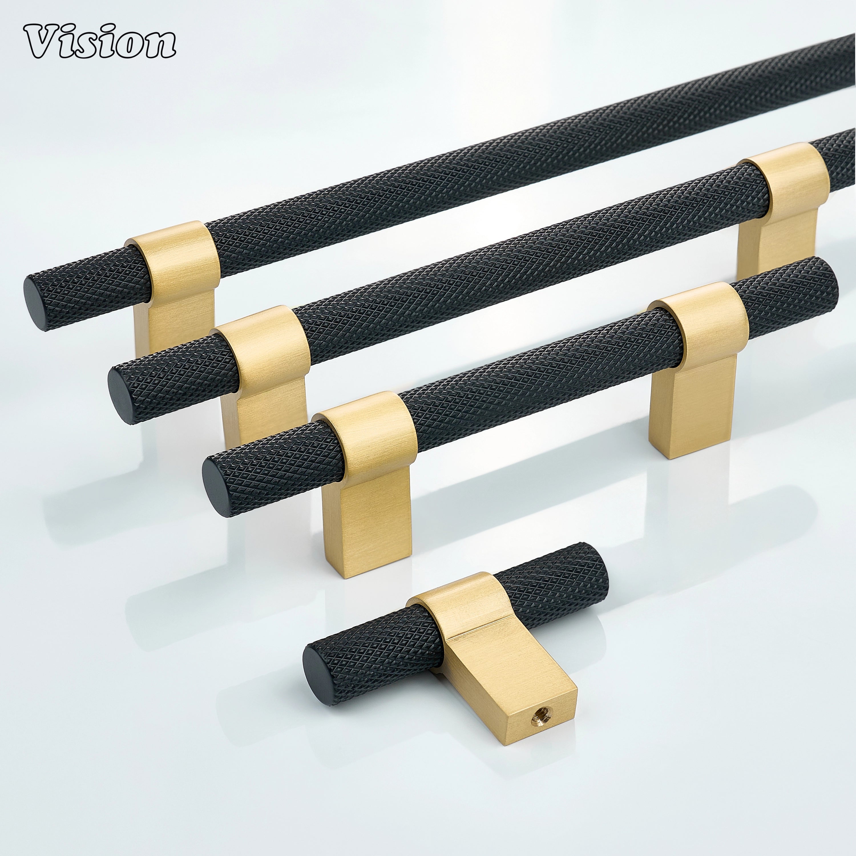 Premium knurled cabinet handle in Black and Gold with square legs for luxury drawer units