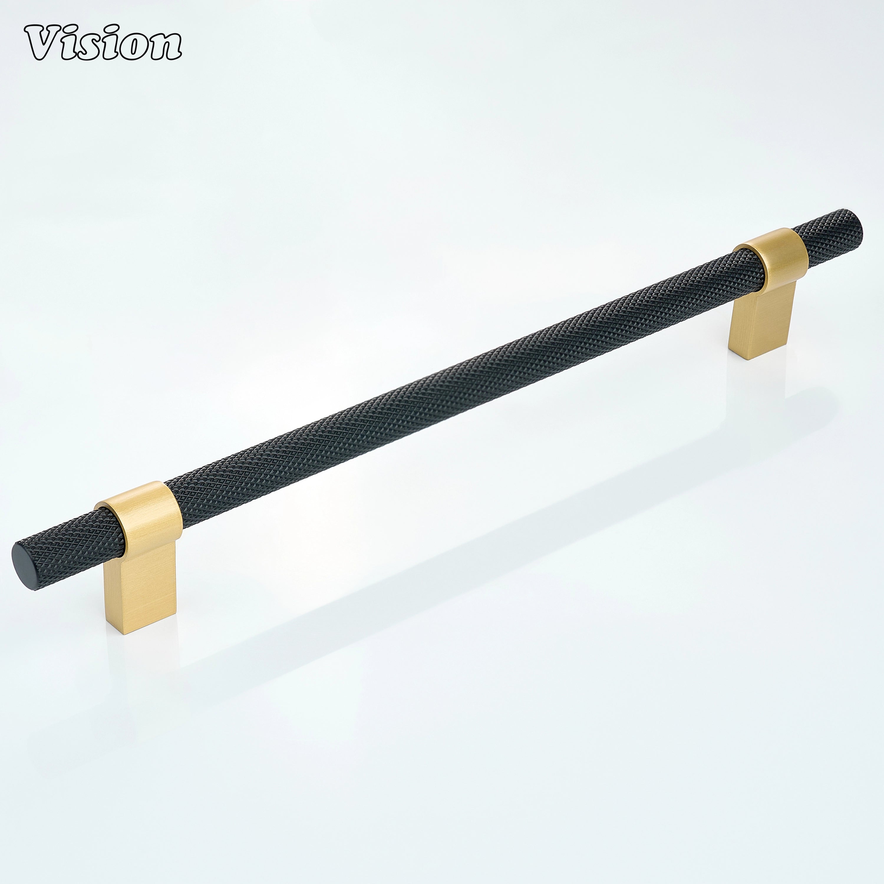Textured knurled cabinet handle in Black and Gold with refined square legs for kitchen drawers