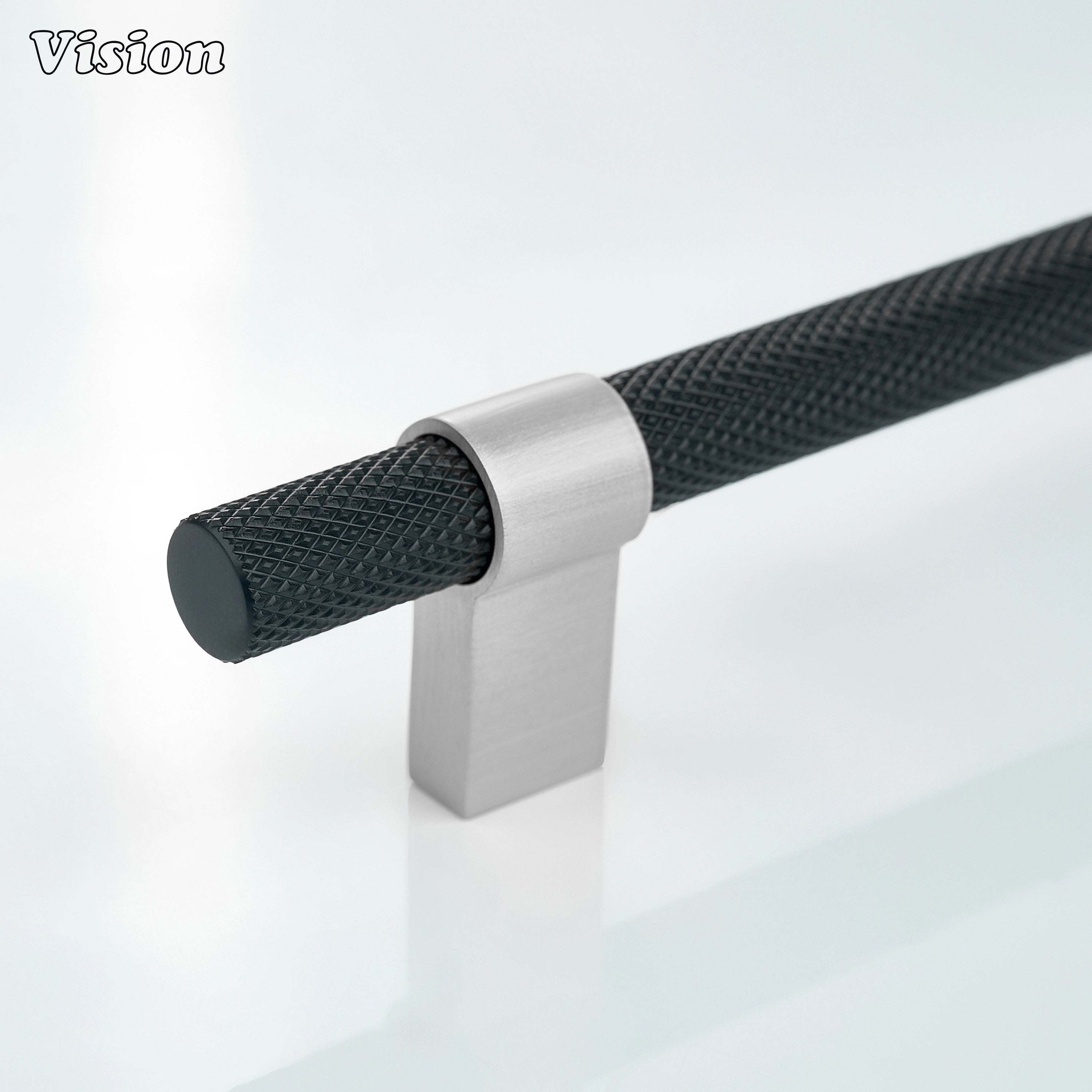 Knurled cabinet handle in Black and Silver with cylindrical bar and ringed square legs for kitchen cabinets