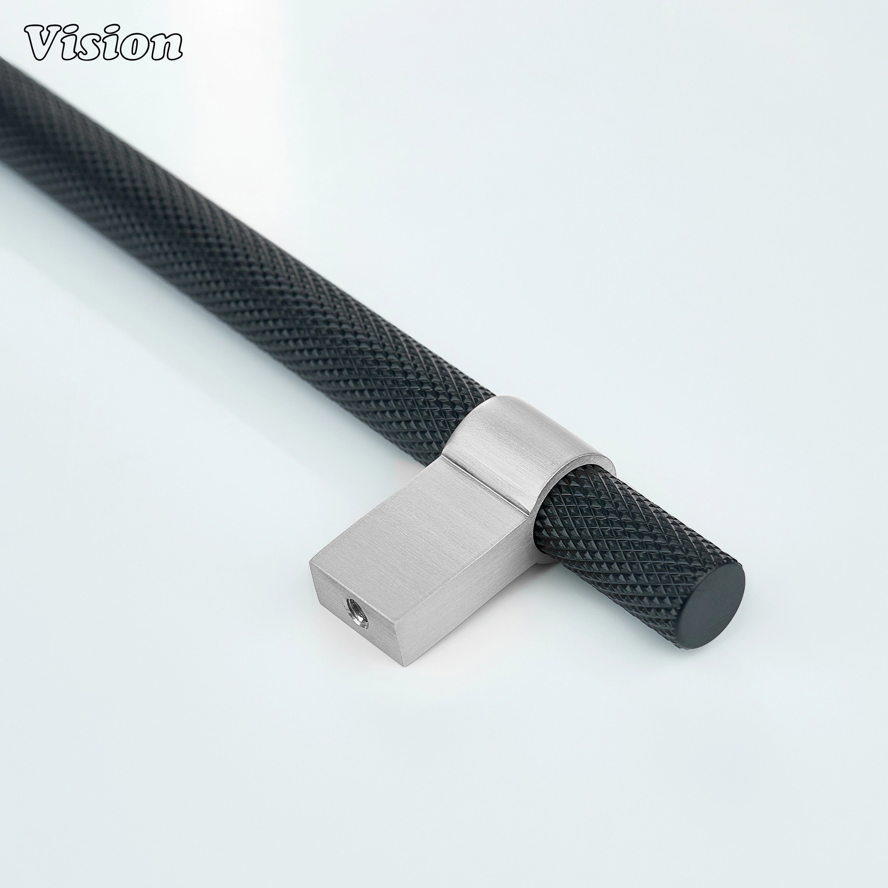 Designer knurled cabinet handle in Black and Silver for modern furniture drawers