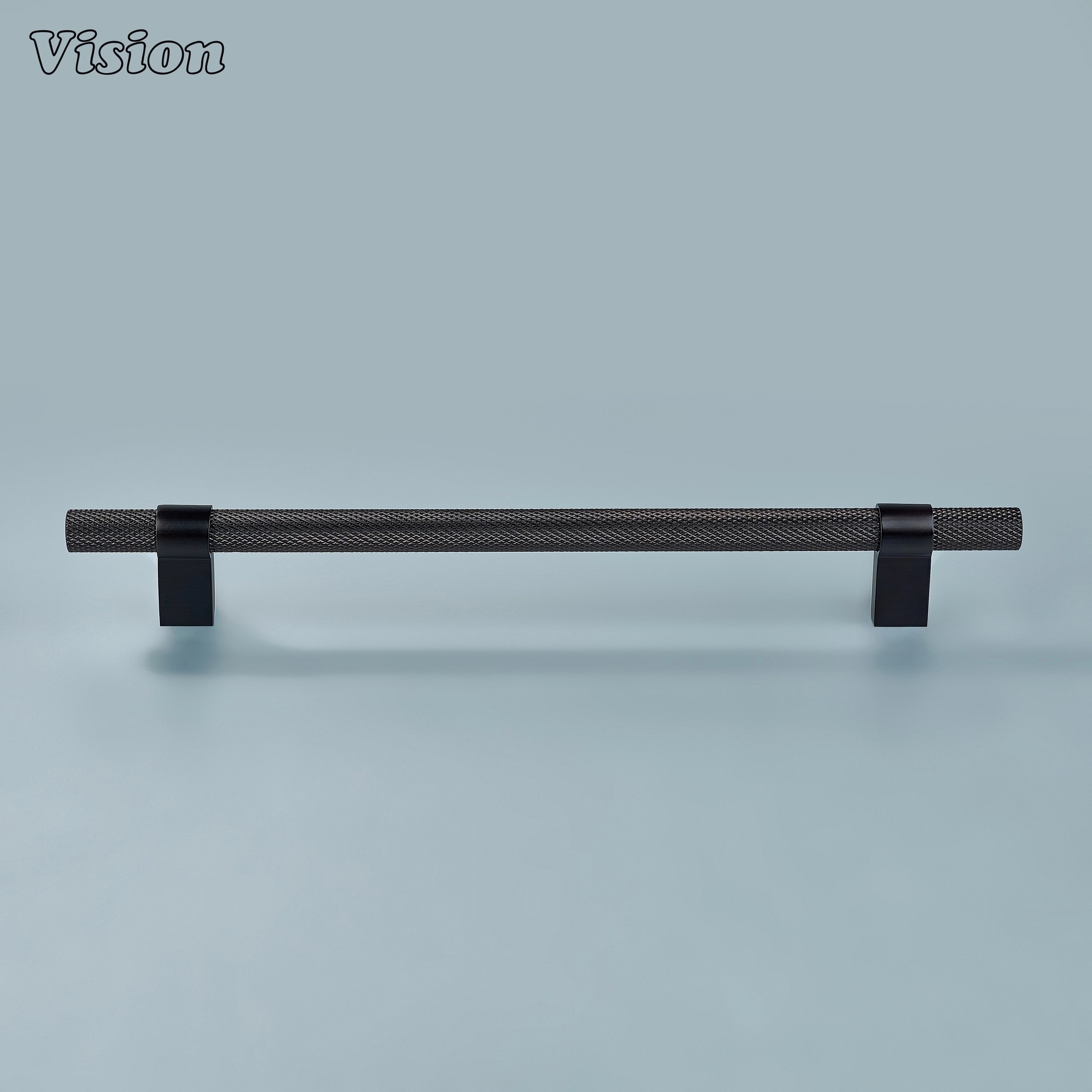 Knurled bar handle in oil rubbed bronze with squared legs for cabinet applications.