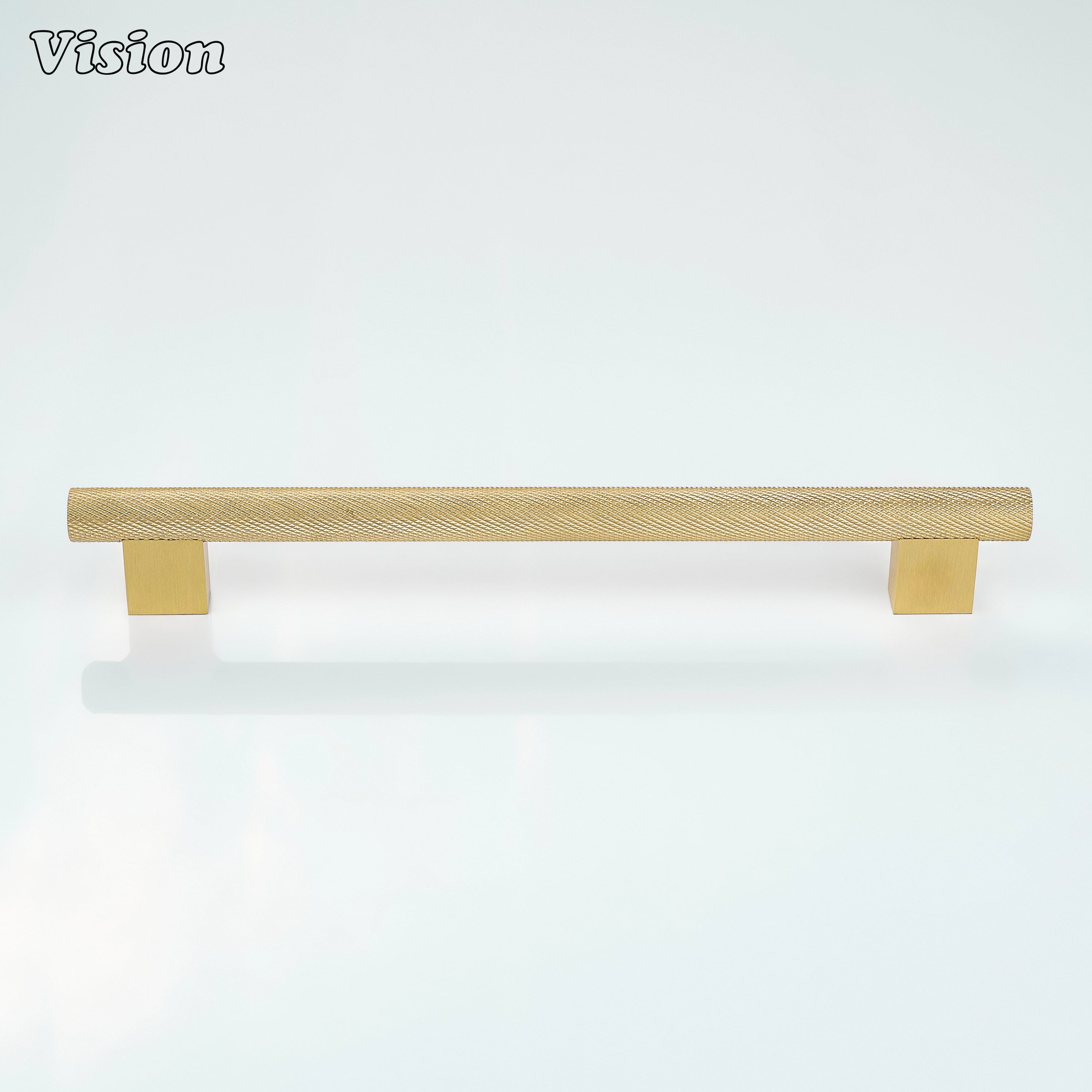 Gold knurled cabinet handle with solid square legs used on furniture storage