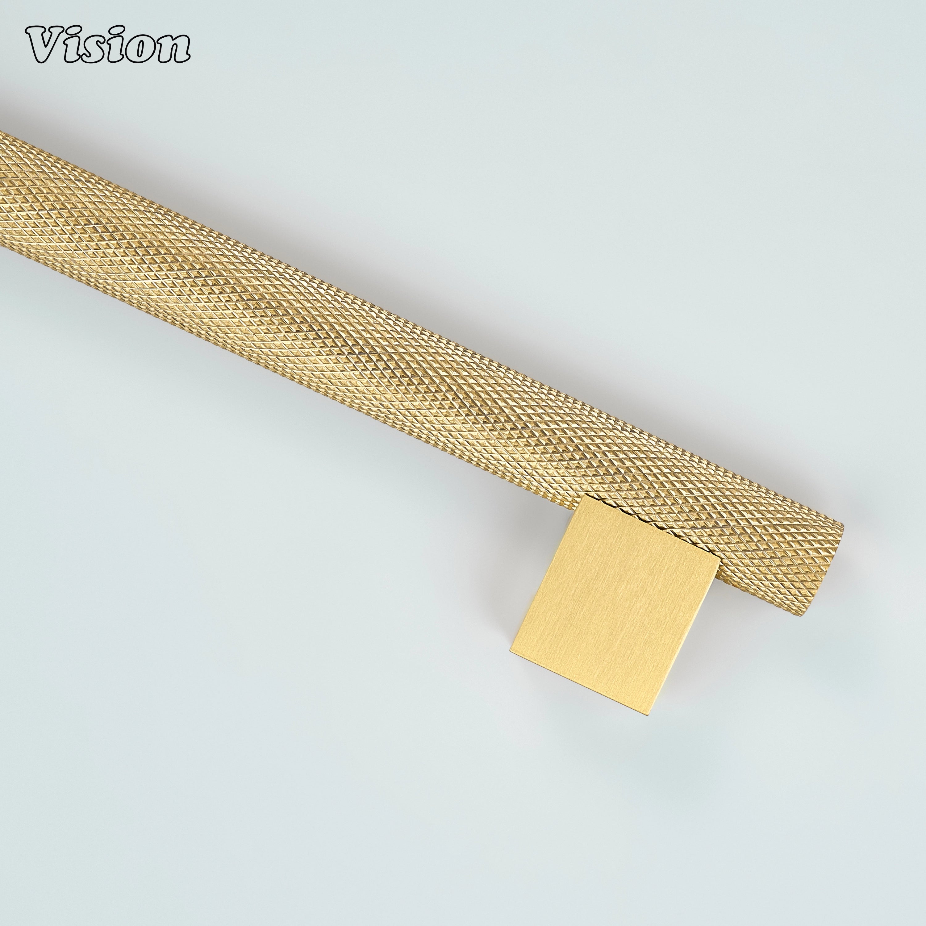 Knurled bar cabinet handle in Gold finish installed on kitchen drawers