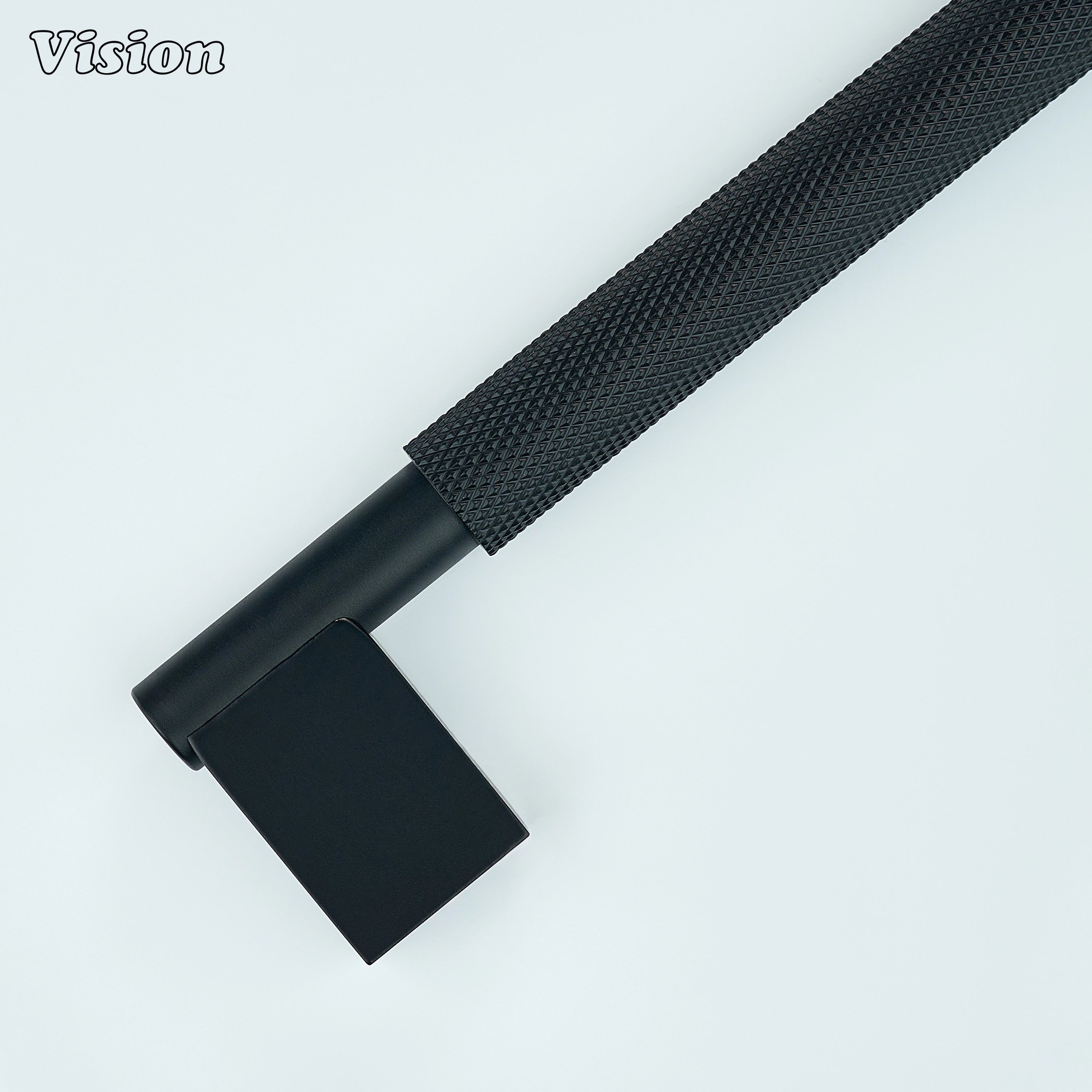 Black cabinet pull with knurled surface and structured legs