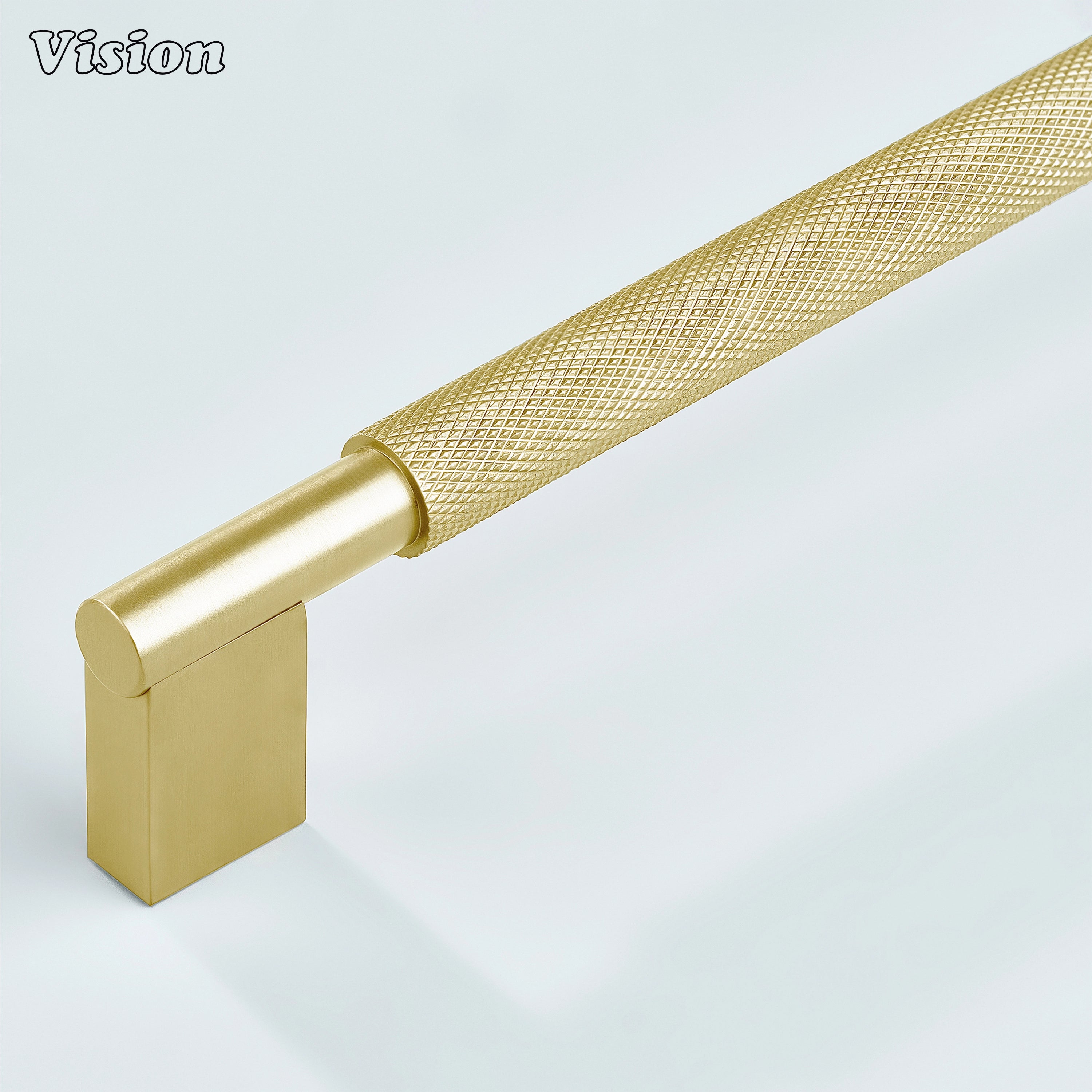 Kronos knurled cabinet handle in Gold finish on white background