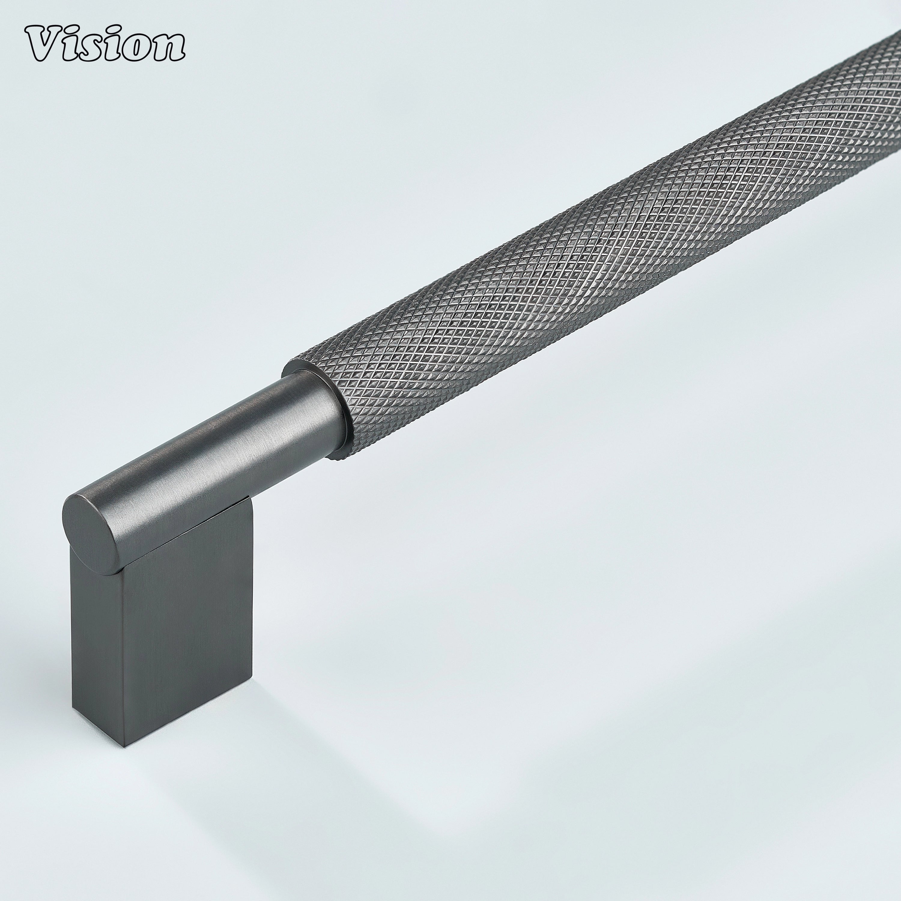 Kronos knurled cabinet handle in Gunmetal finish on white background