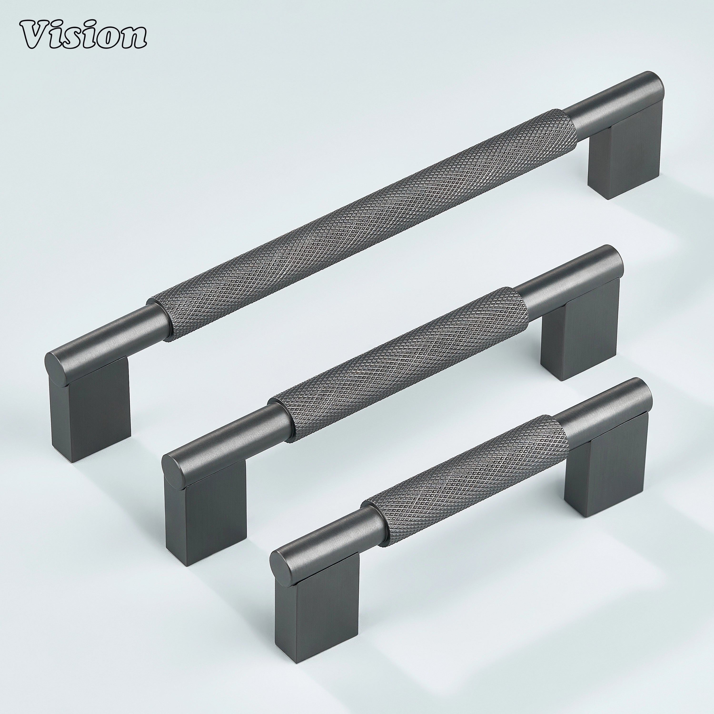 Gunmetal Kronos knurled bar pull close-up showing textured pattern