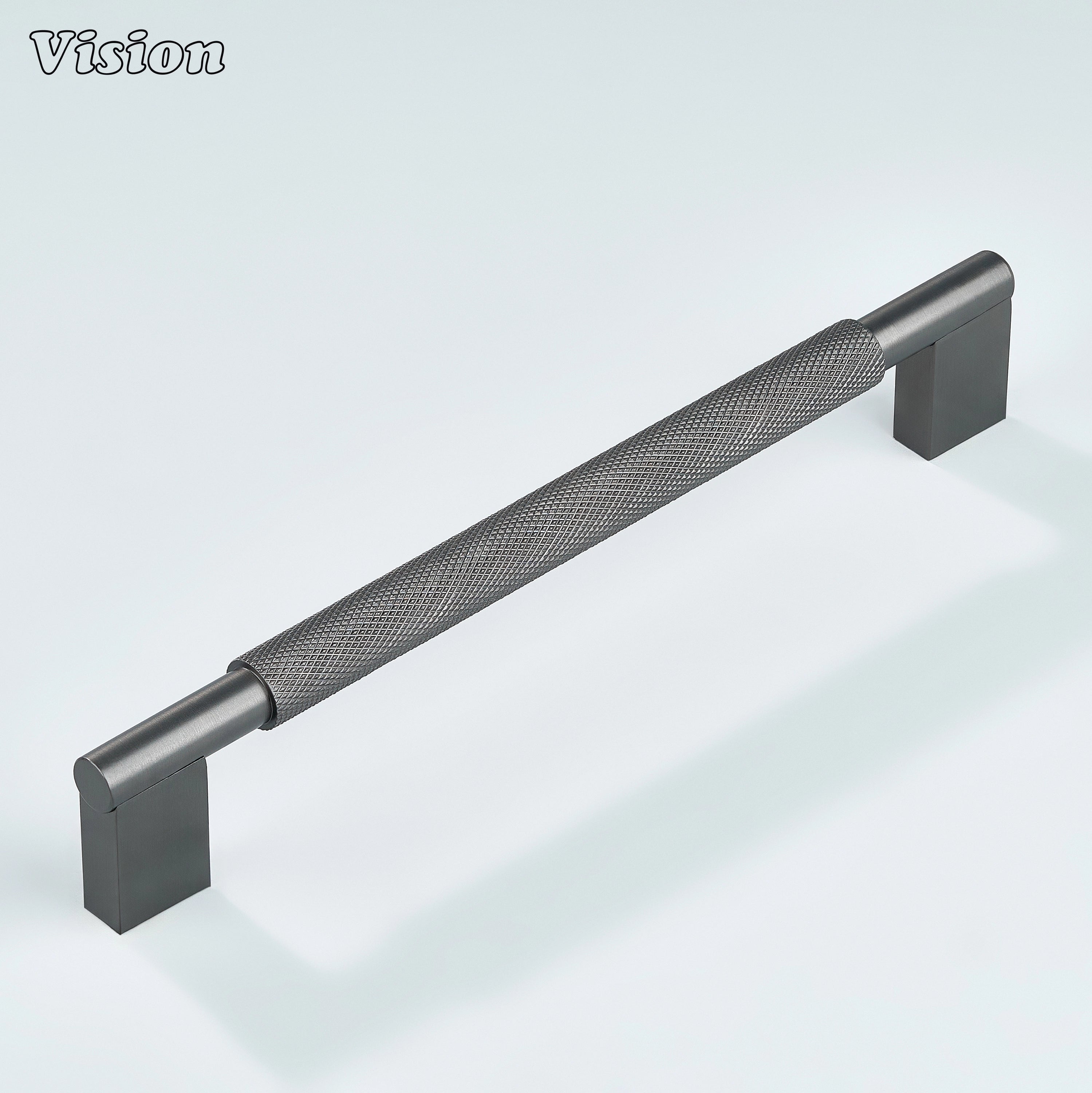 Gunmetal knurled cabinet pull by Vision with modern square leg profile