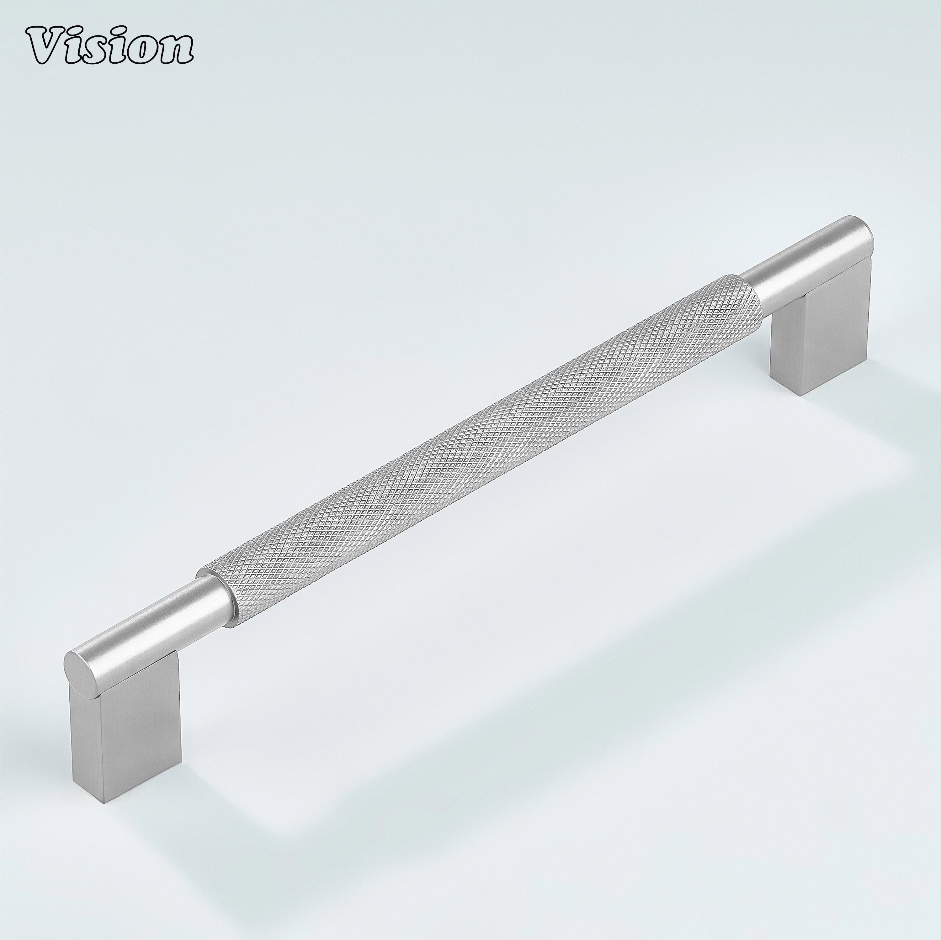 Silver knurled cabinet pull by Vision with modern square leg profile