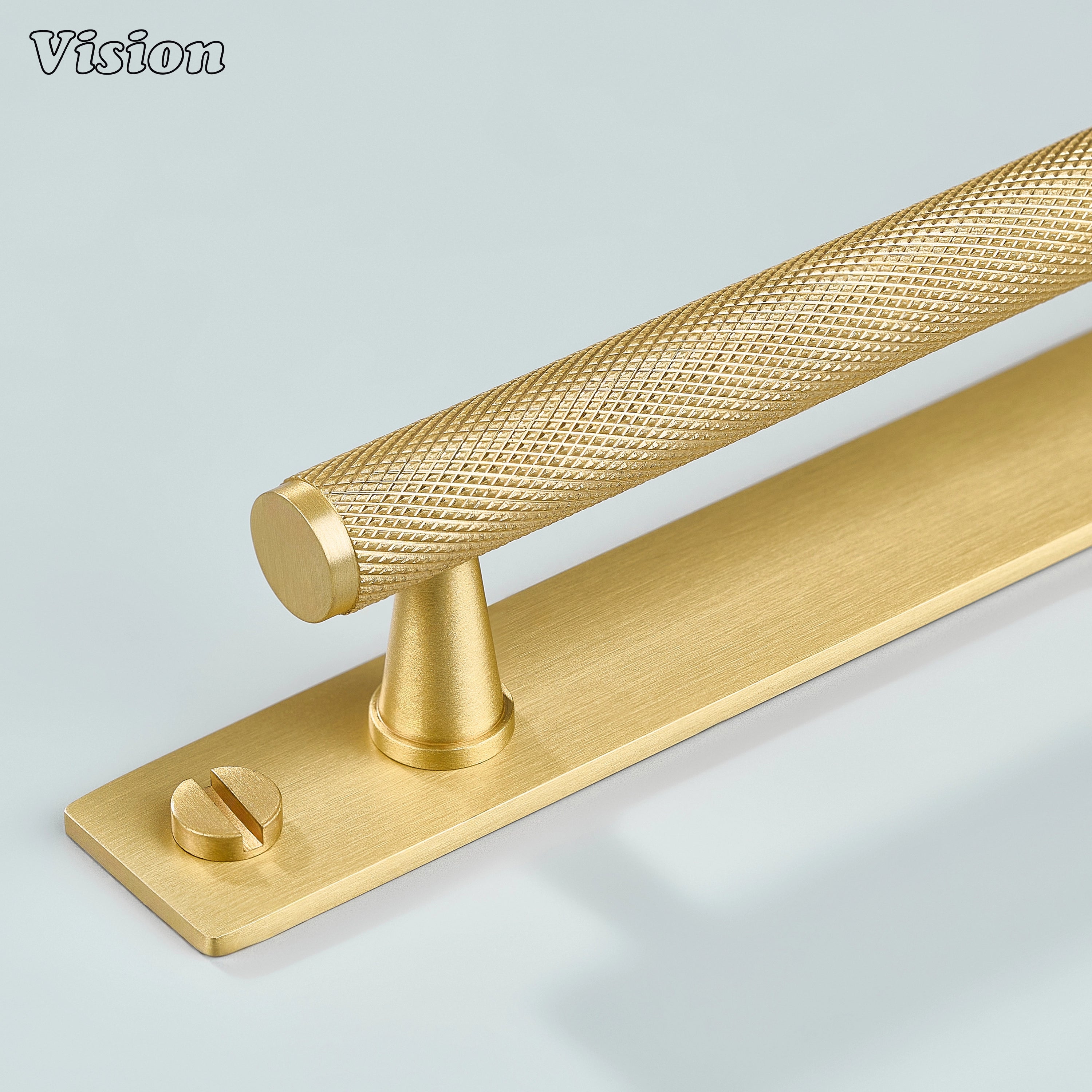 Knurled brass cabinet handle in Gold finish with cone legs and backplate for kitchen cabinets