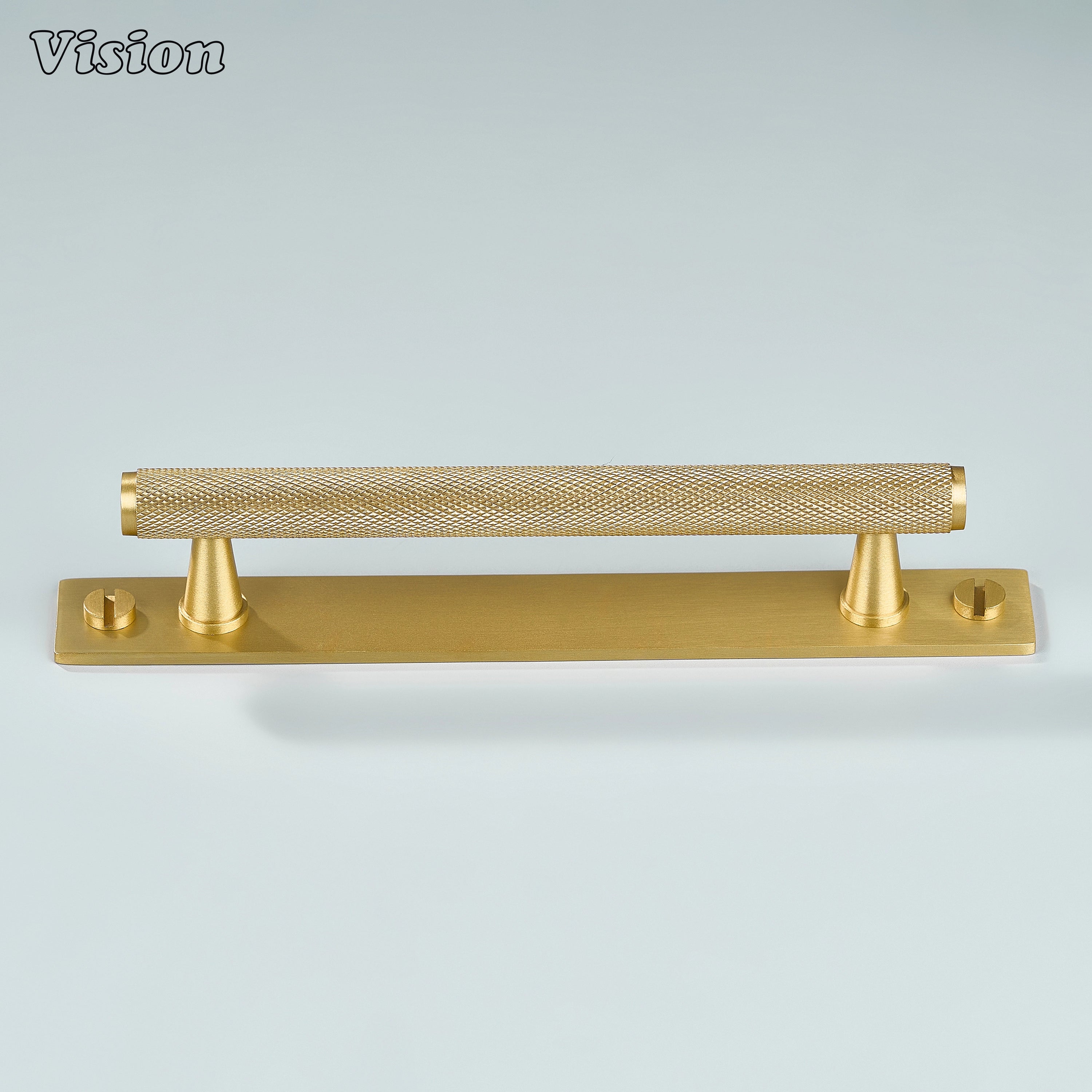 Knurled Gold cabinet handle mounted on backplate for furniture units