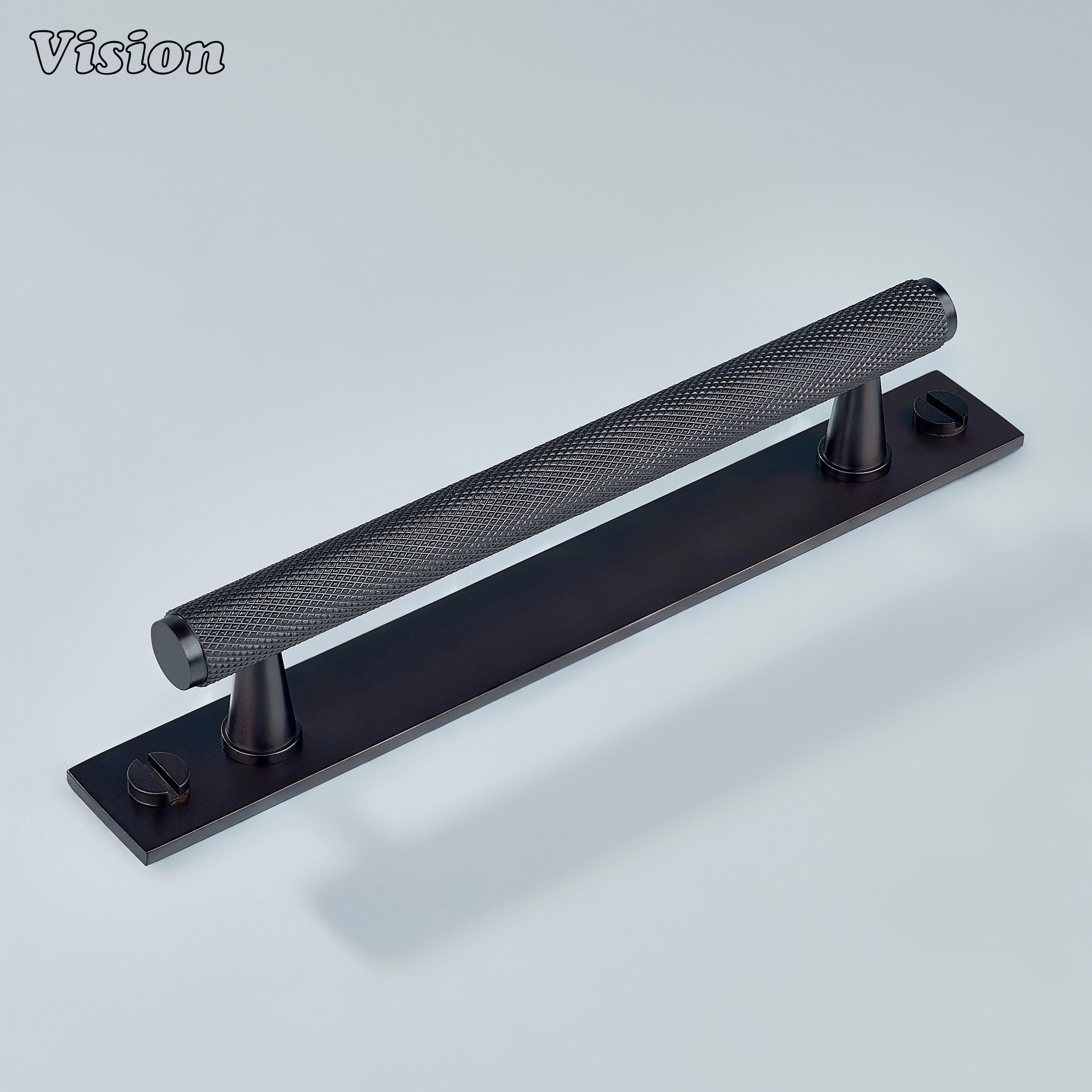 Oil Rubbed Bronze cabinet handle showing knurled bar and backplate