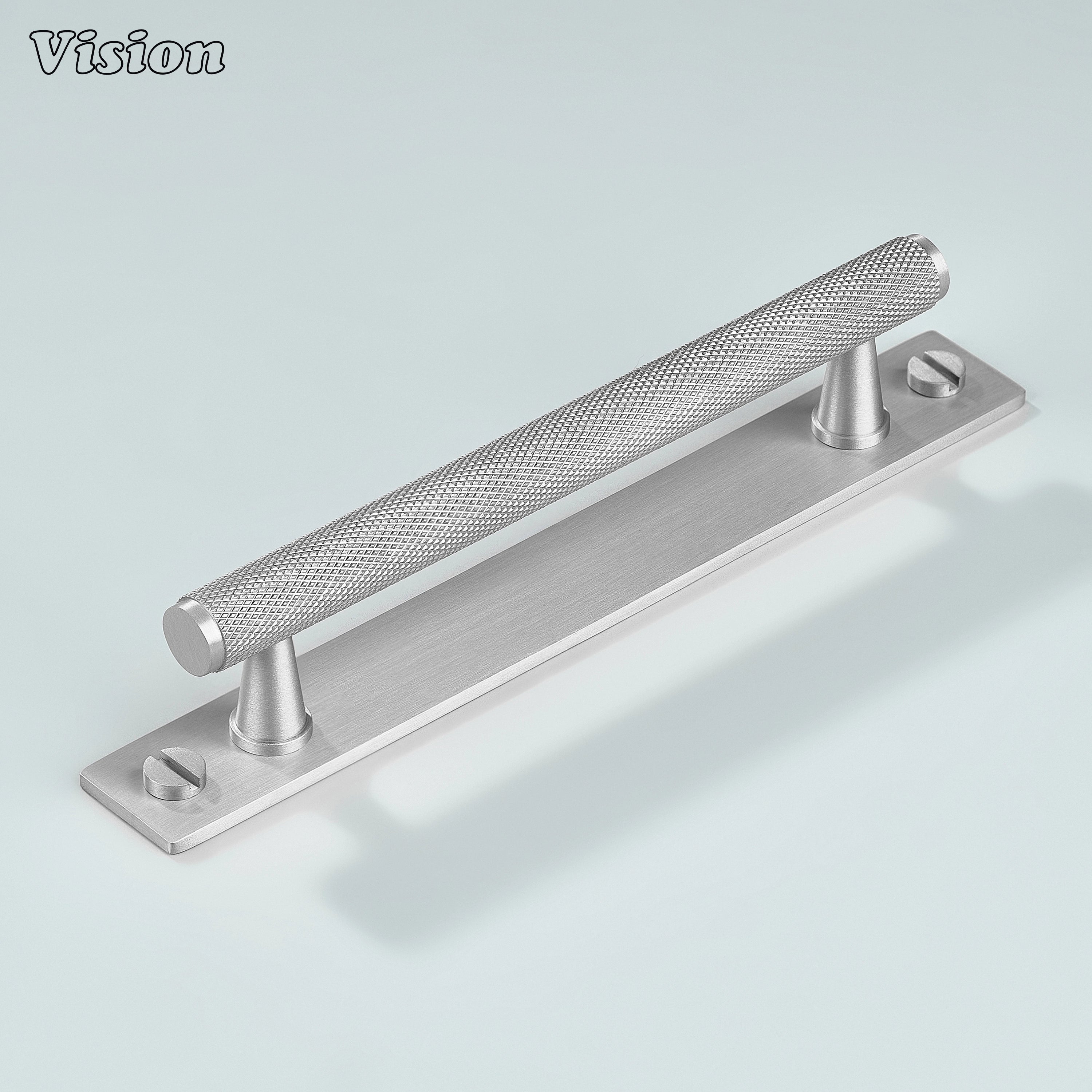 Silver cabinet handle showing knurled bar and button screw detail