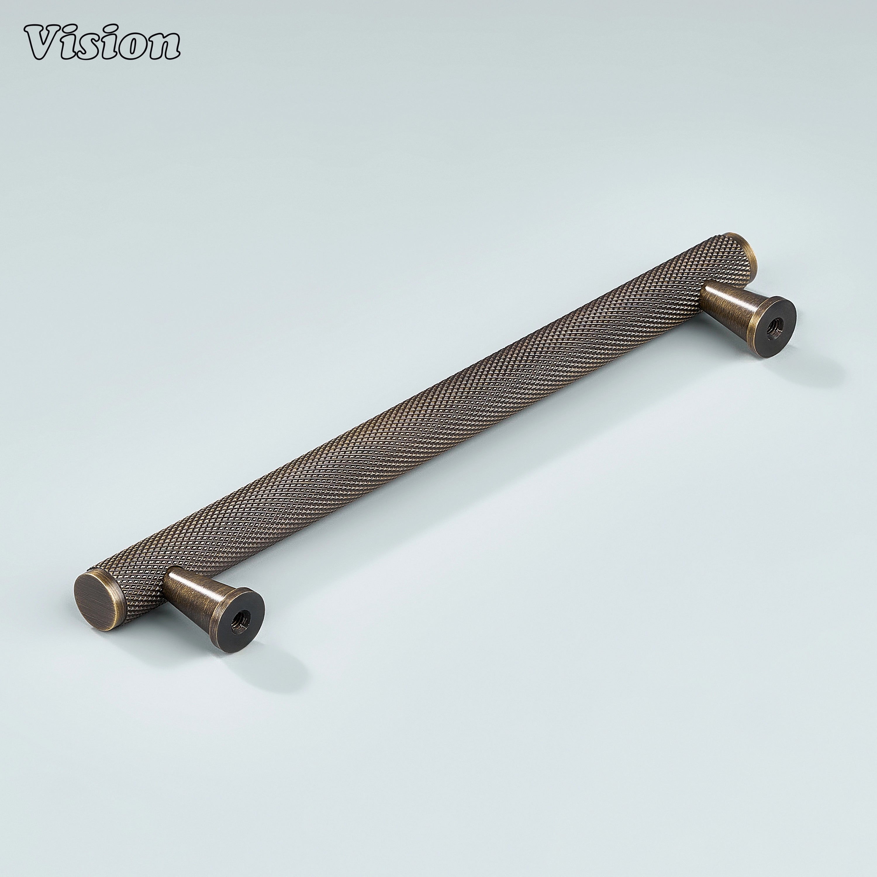 Antique bronze cabinet handle mounted on bathroom cabinets.