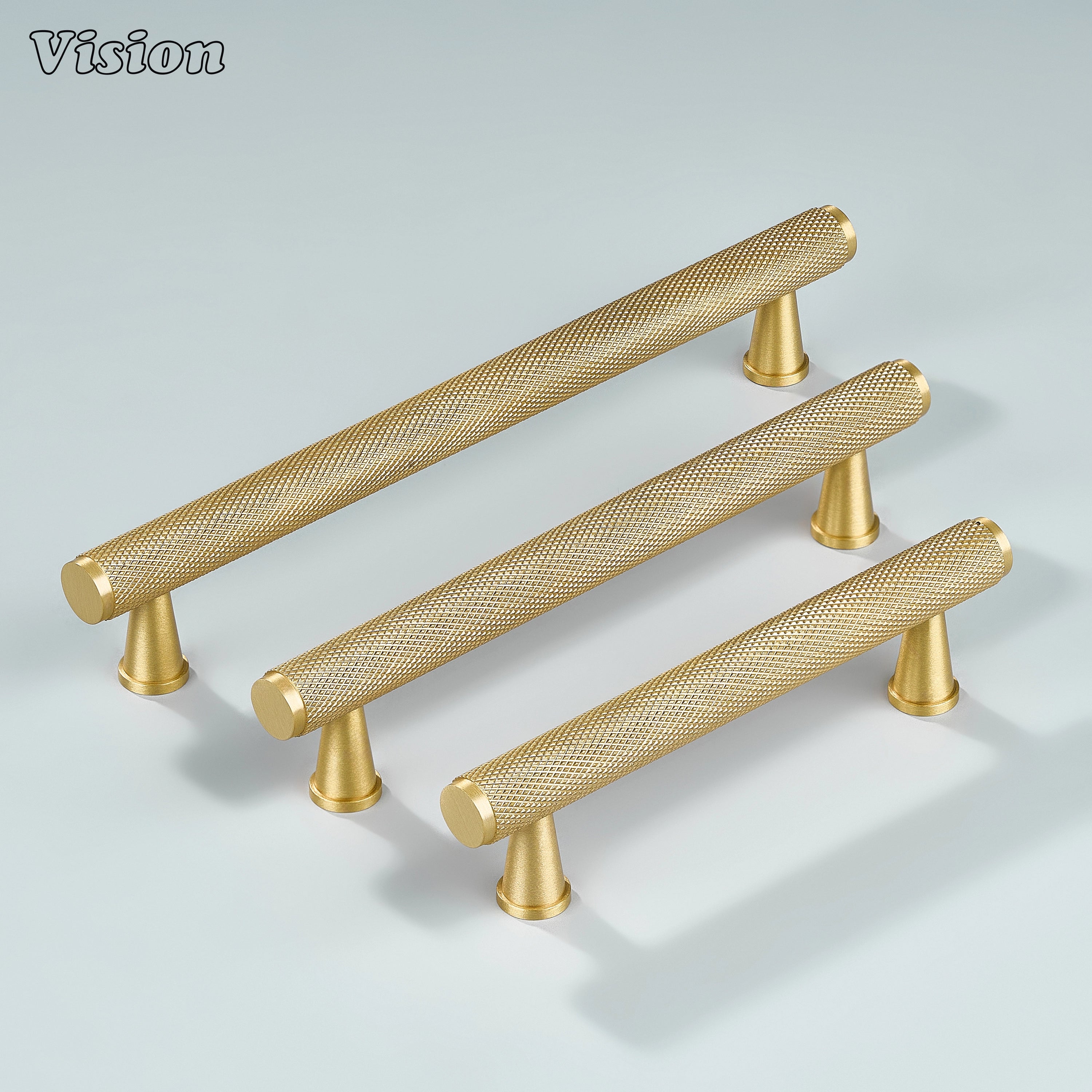 Gold knurled handle with cone legs used on wardrobe doors.