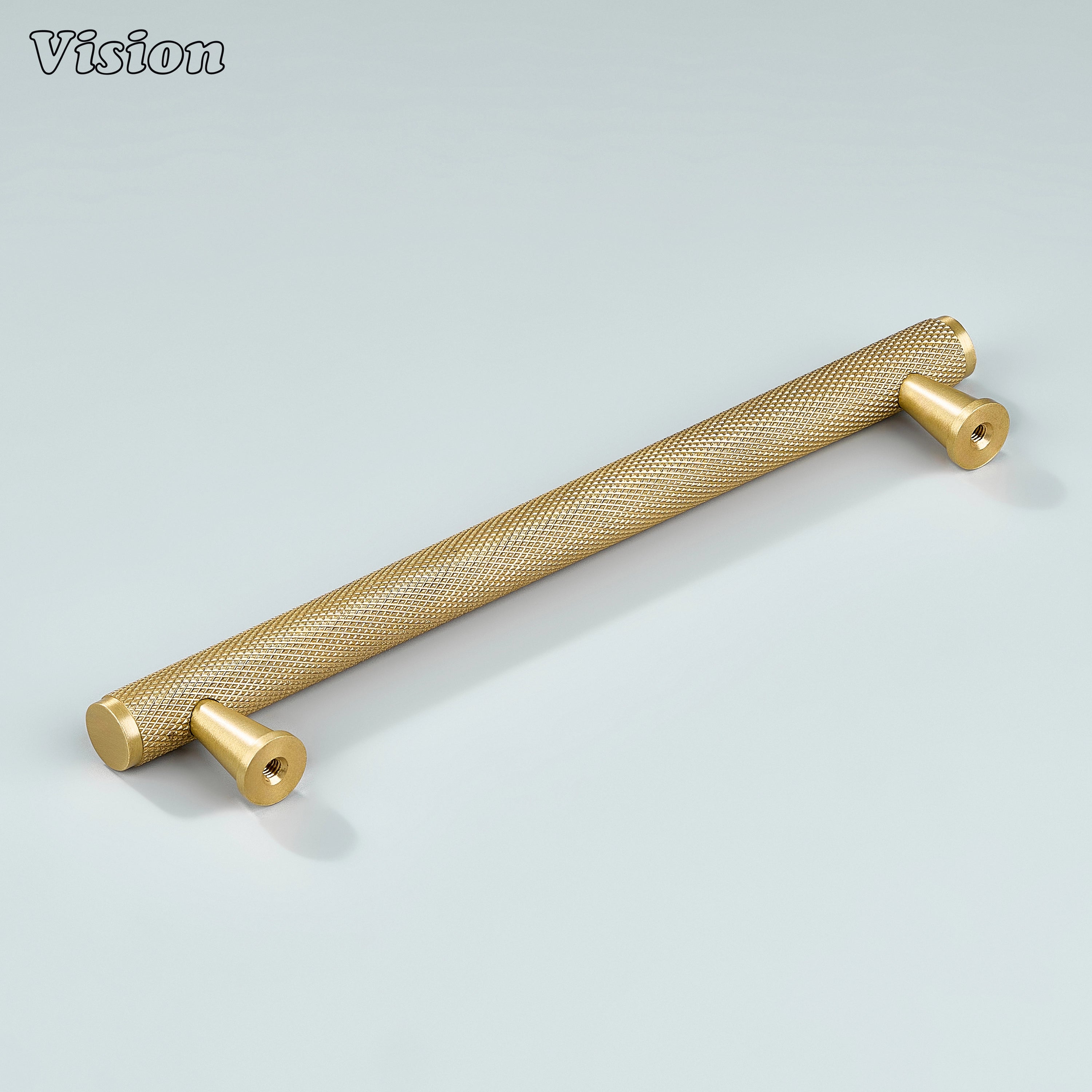 Gold knurled cabinet handle fitted on bathroom cabinets.