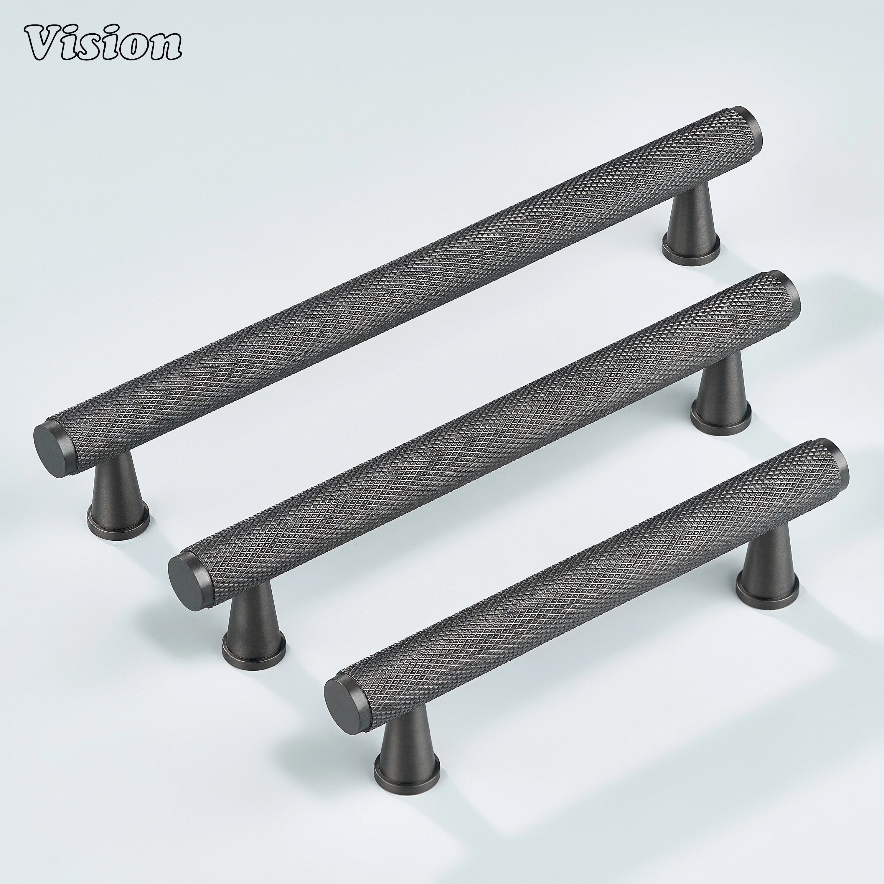 Gunmetal knurled handle installed on wardrobe doors.