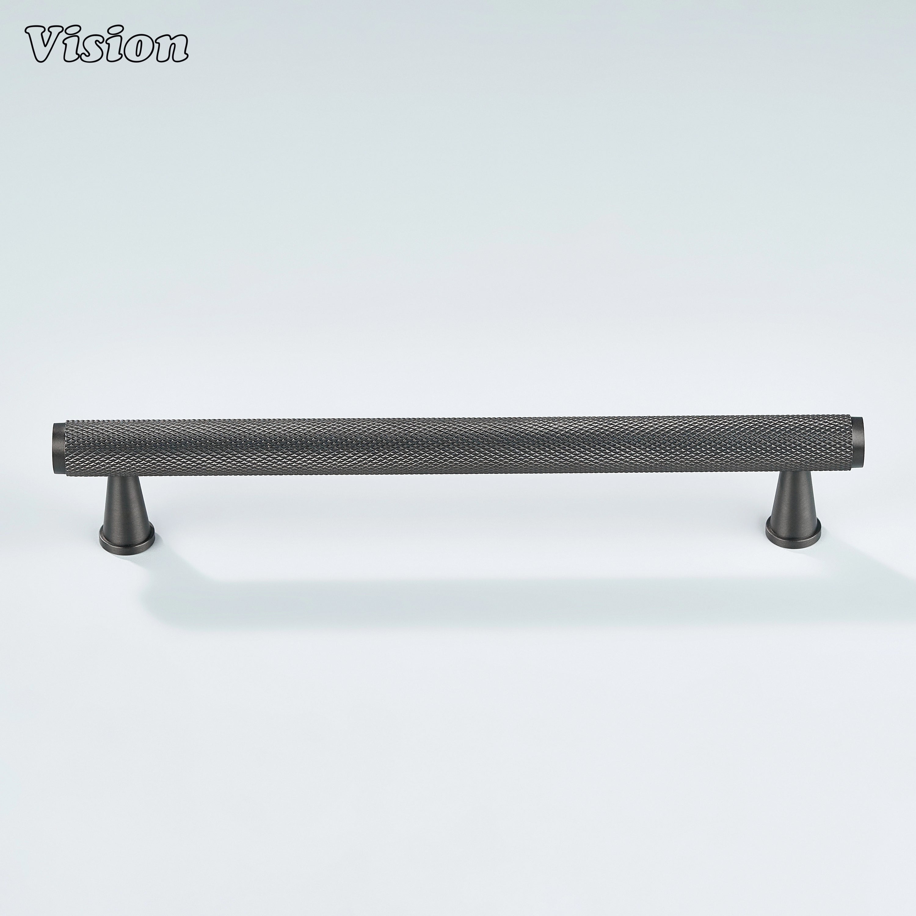 Gunmetal knurled cabinet pull for cupboards and storage.