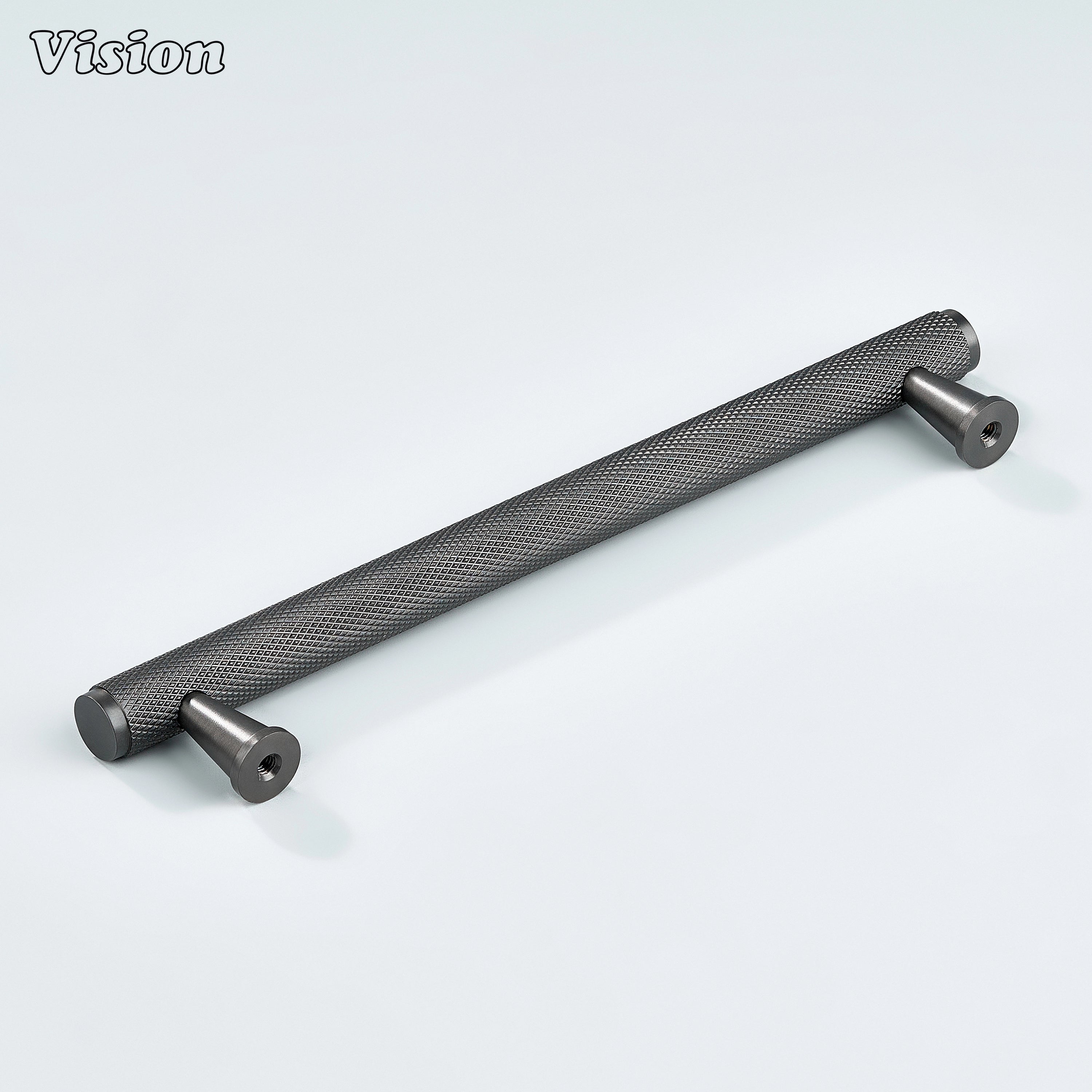 Gunmetal modern knurled handle used for bathroom cabinets.