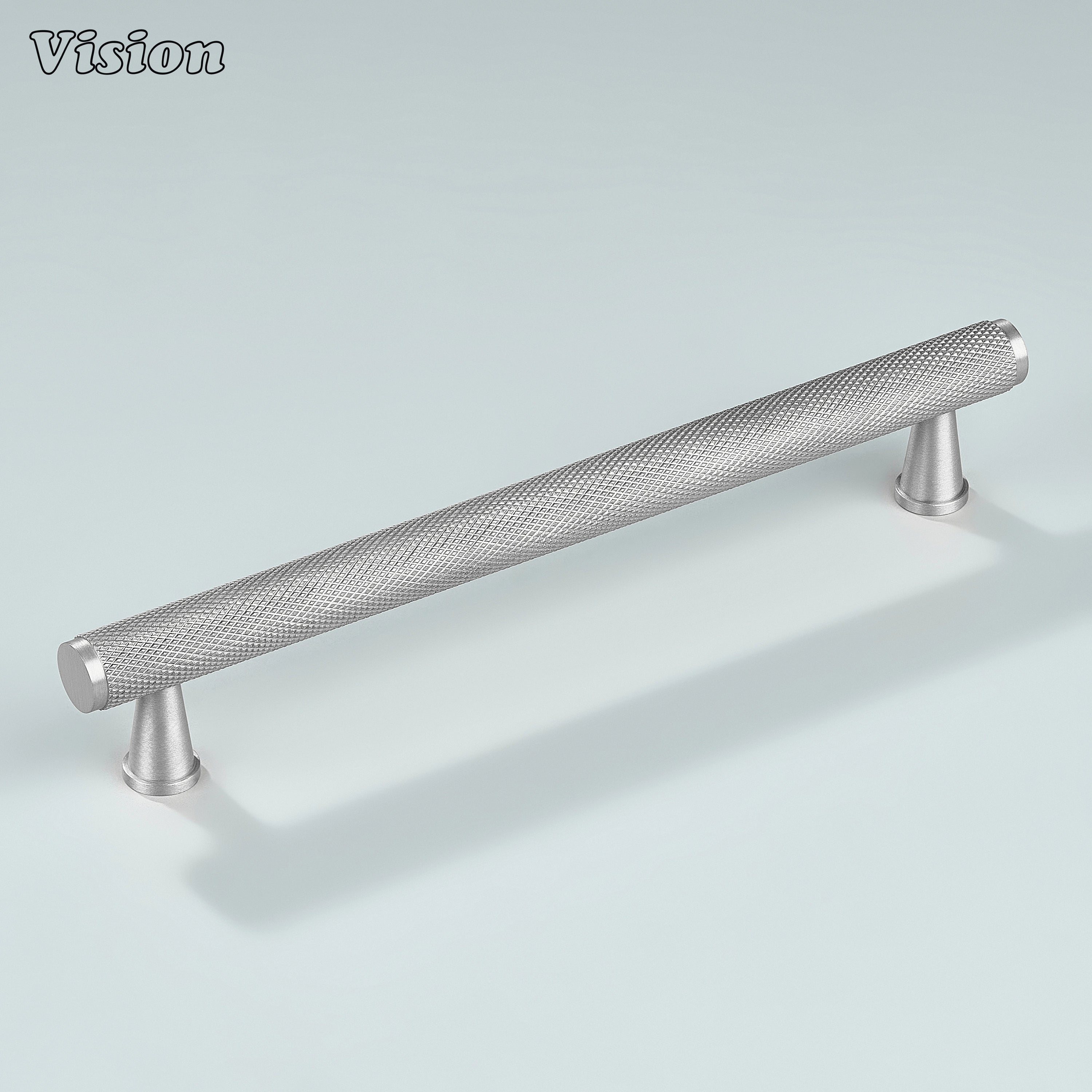 Silver cabinet handle used on closet cabinets.