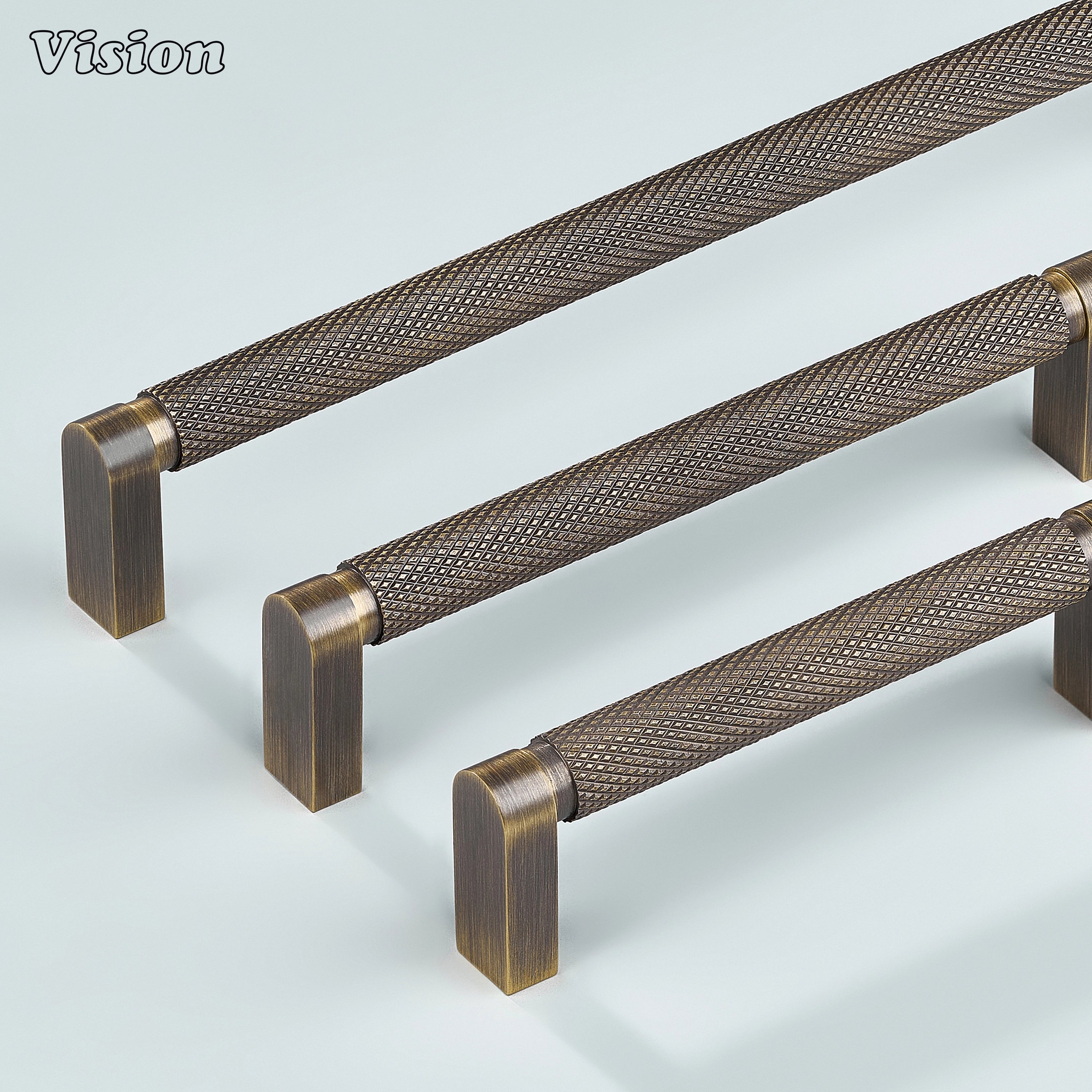 Antique bronze ripple knurled cabinet handle mounted on dresser drawers.