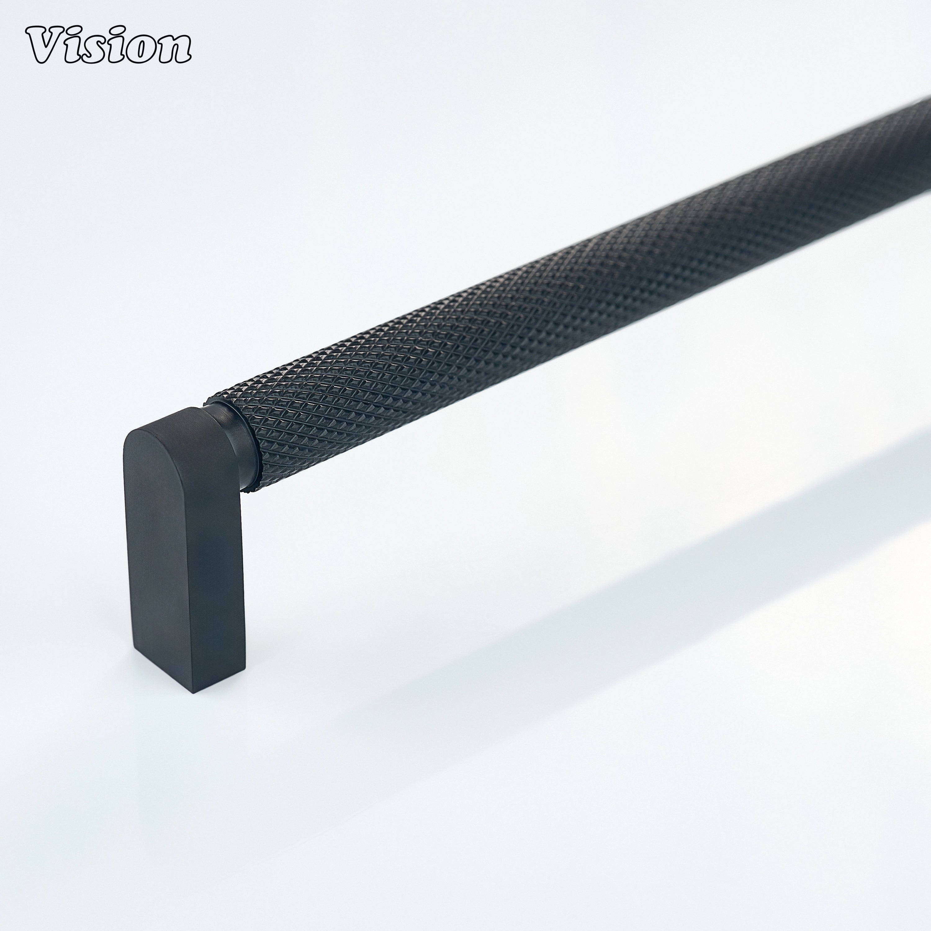 Black knurled cabinet handle with cylindrical bar on modern kitchen cabinets