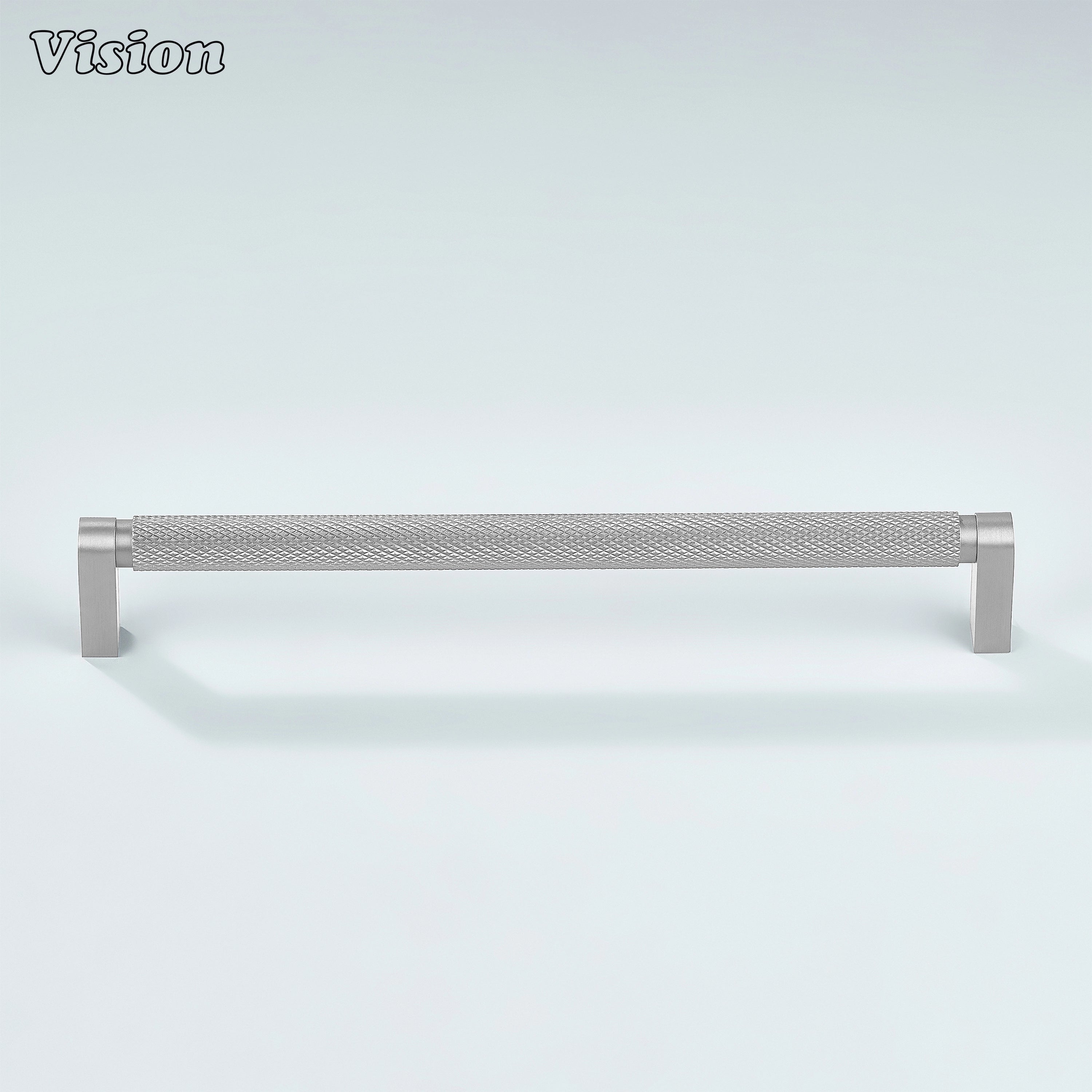 Silver ripple knurled cabinet handle installed on closet doors.