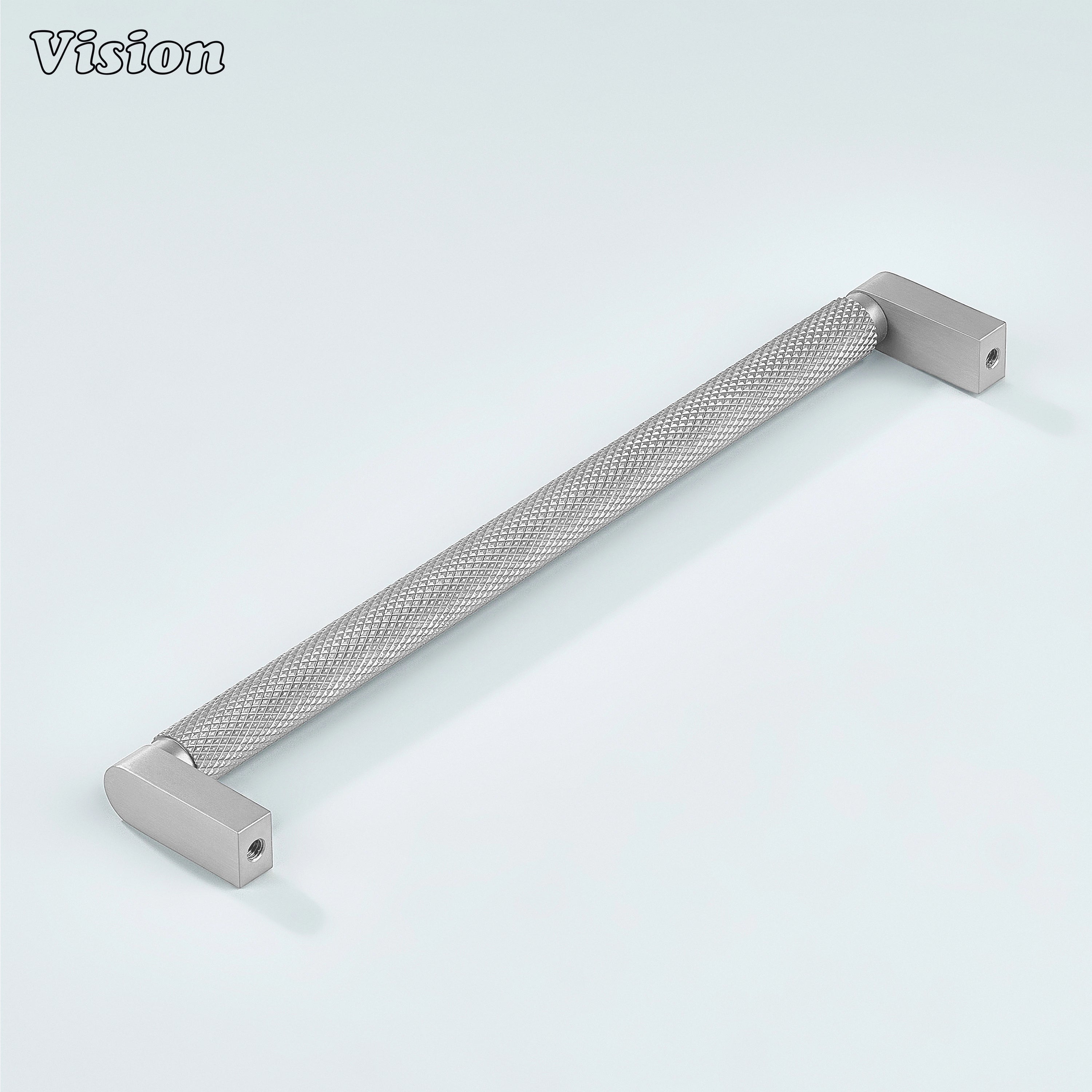 Silver ripple knurled cabinet handle fitted on bathroom cabinets.