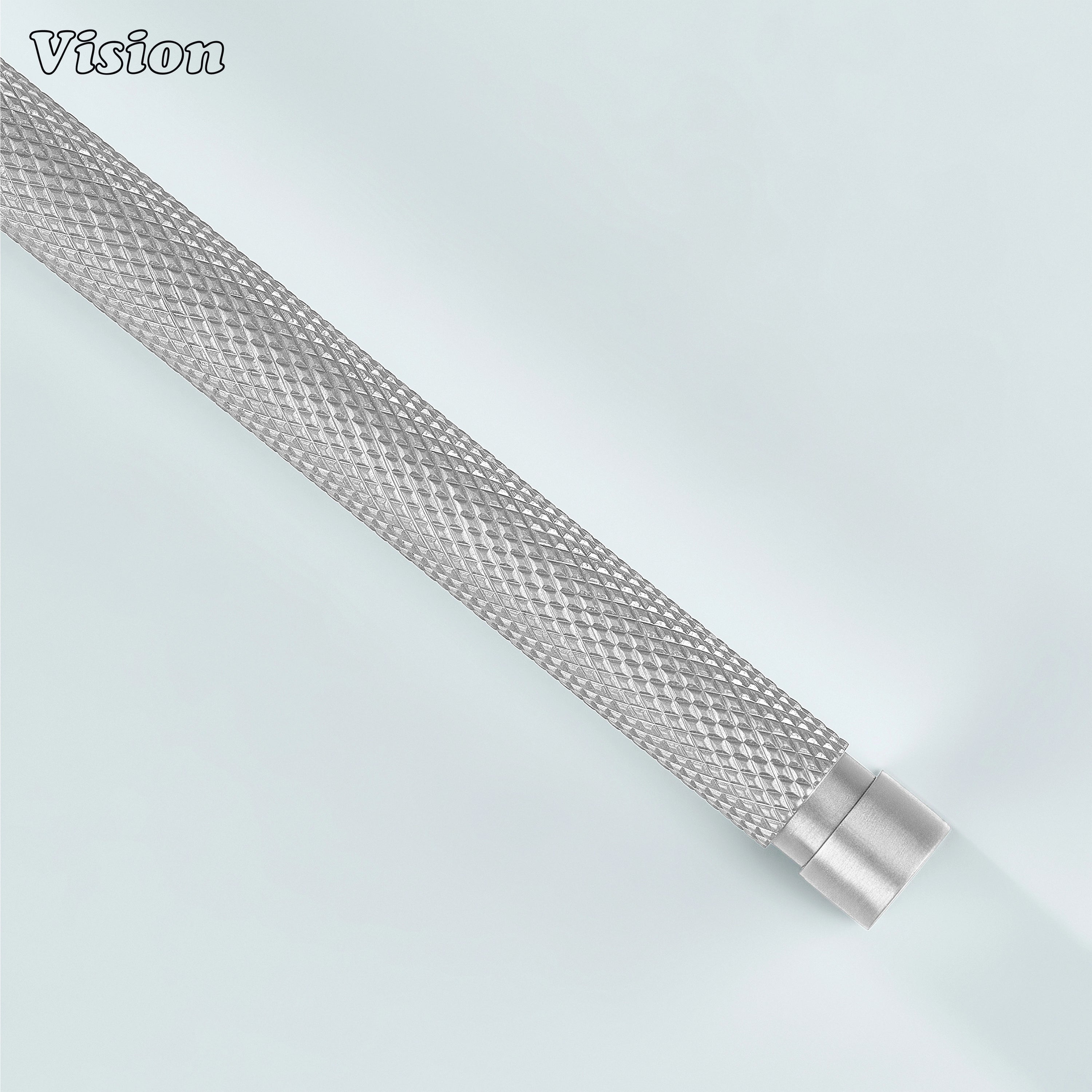 Silver ripple knurled cabinet handle mounted on furniture drawers.