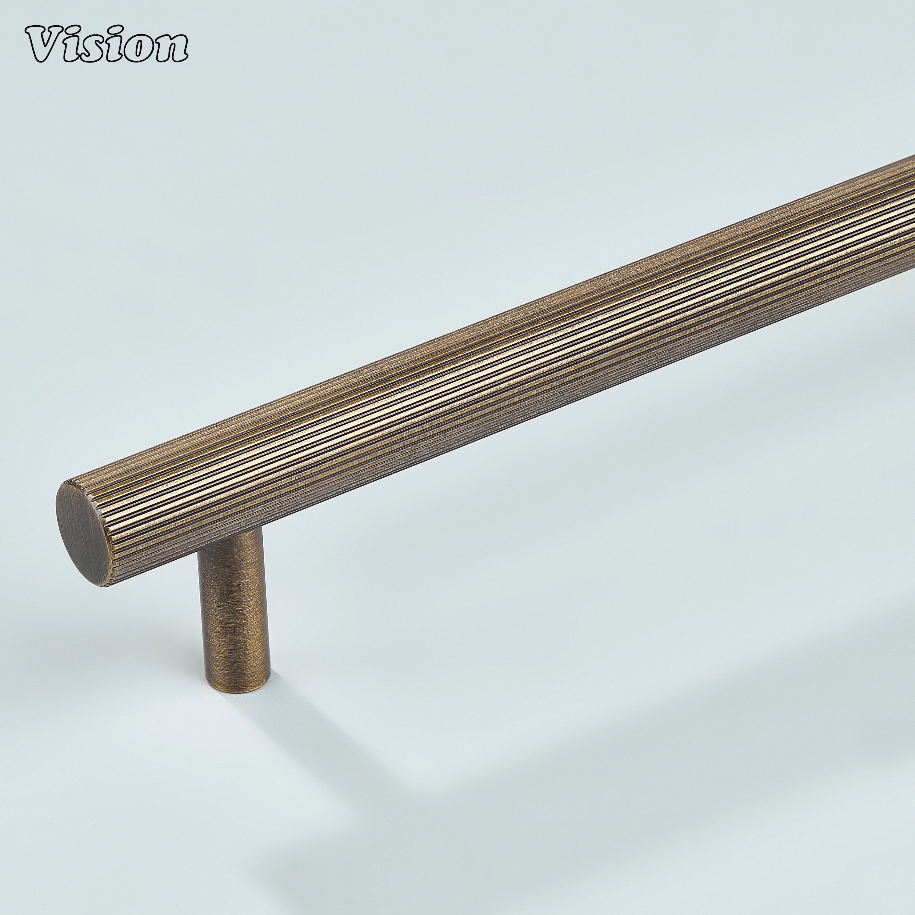 Antique bronze linear knurled cabinet handle with full knurl profile for kitchen cabinets.