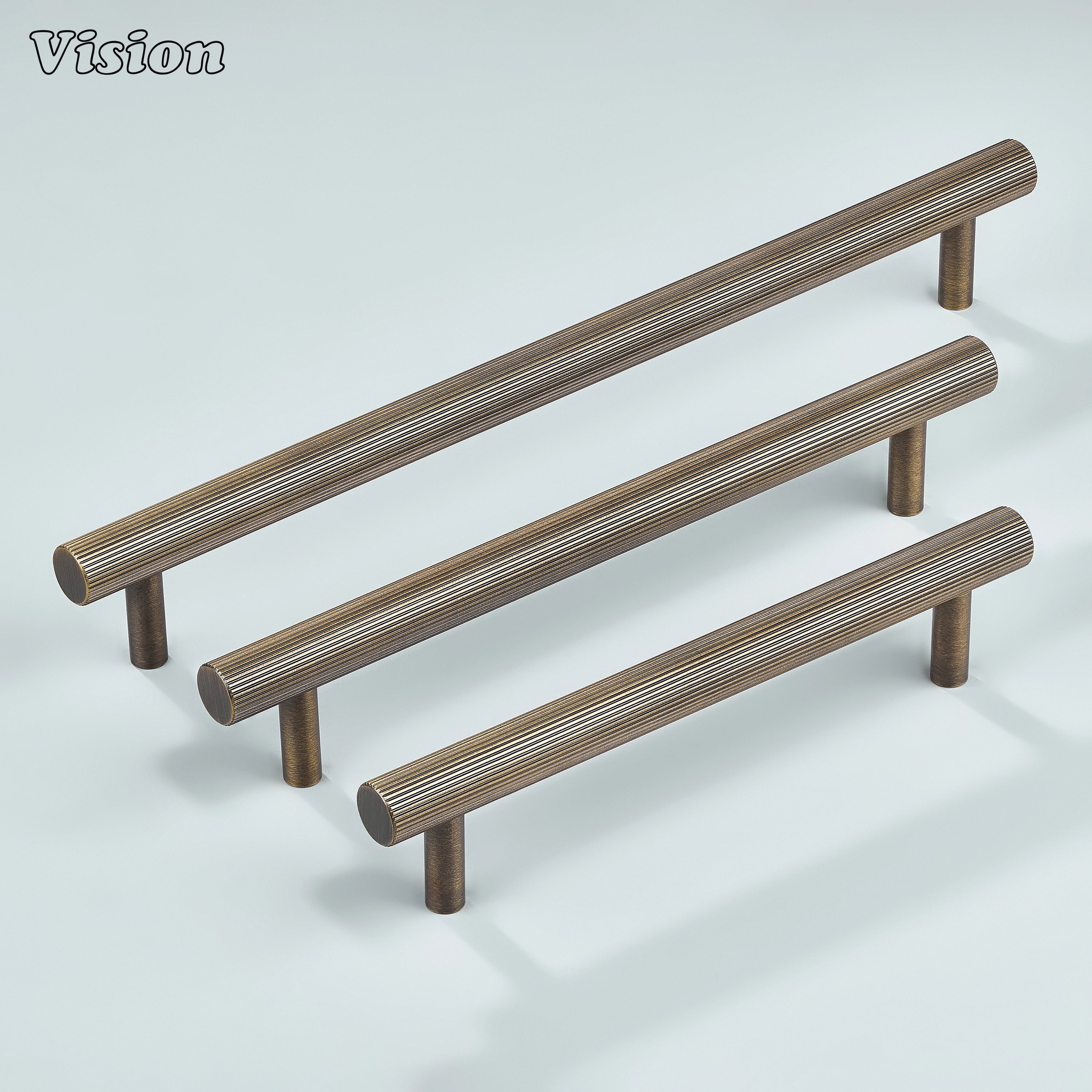 Antique bronze linear knurled handle with cylindrical legs for wardrobe shutters.