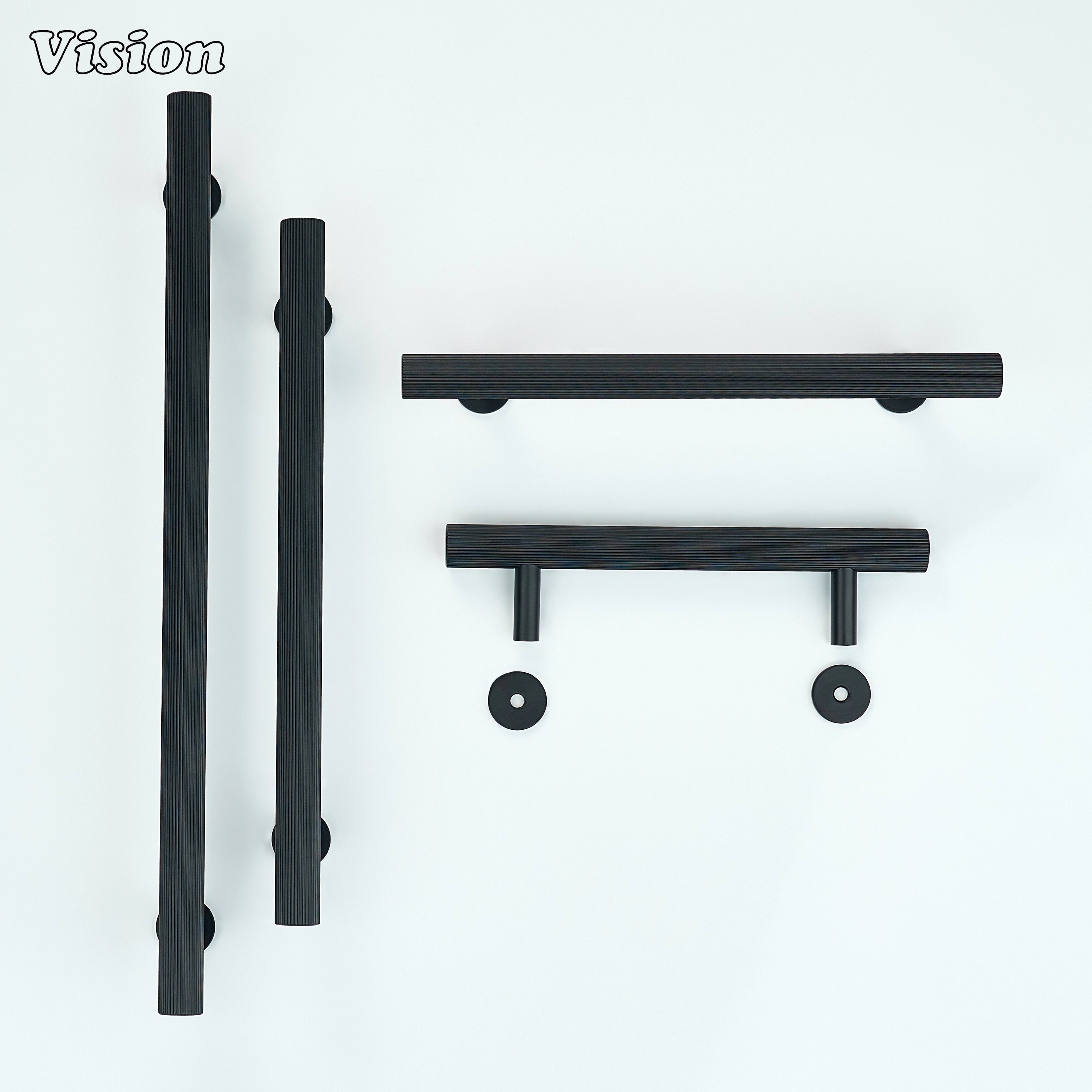 Black cabinet handle with textured grip and round base legs for drawers