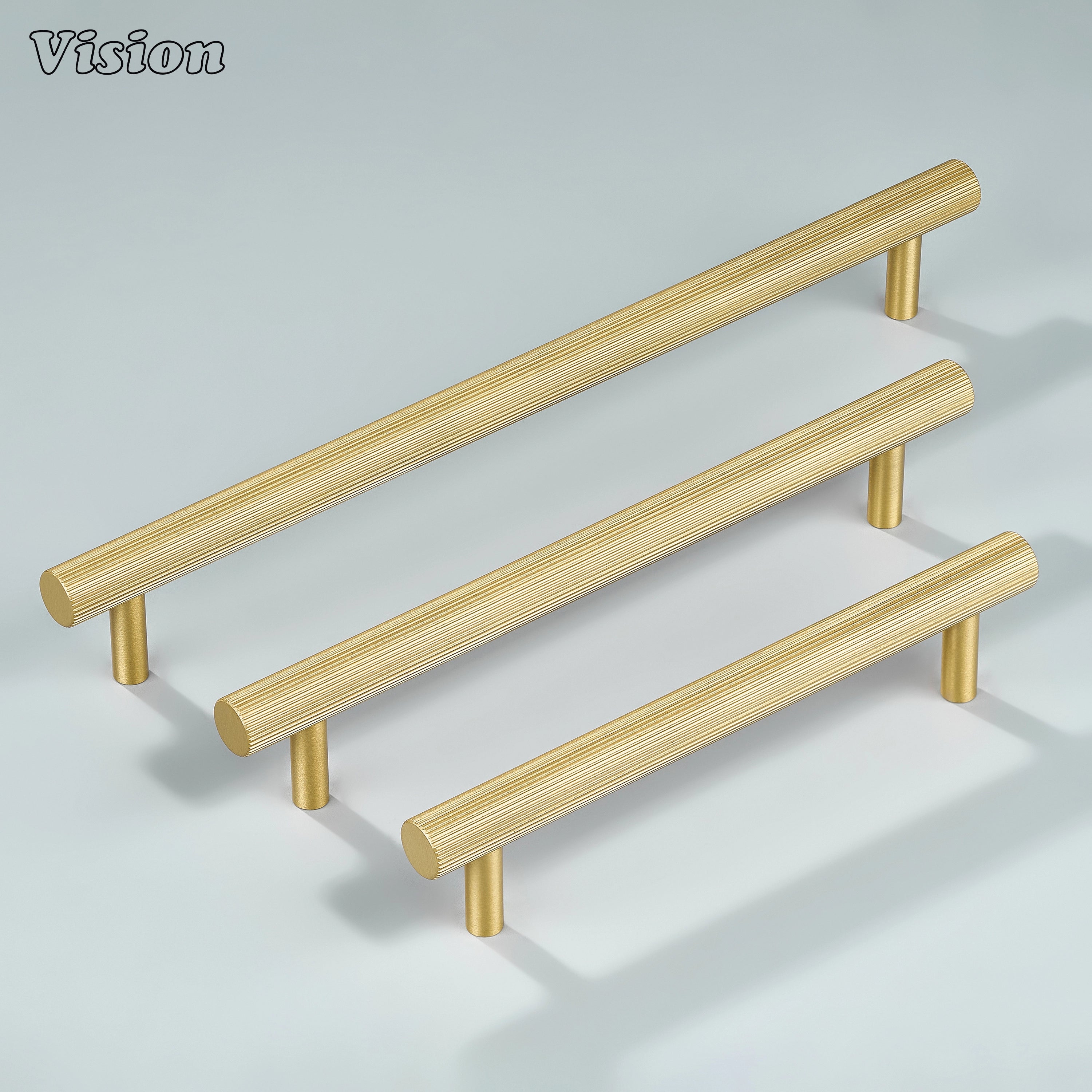 Gold linear knurled handle designed for wardrobes with detailed knurl profile.