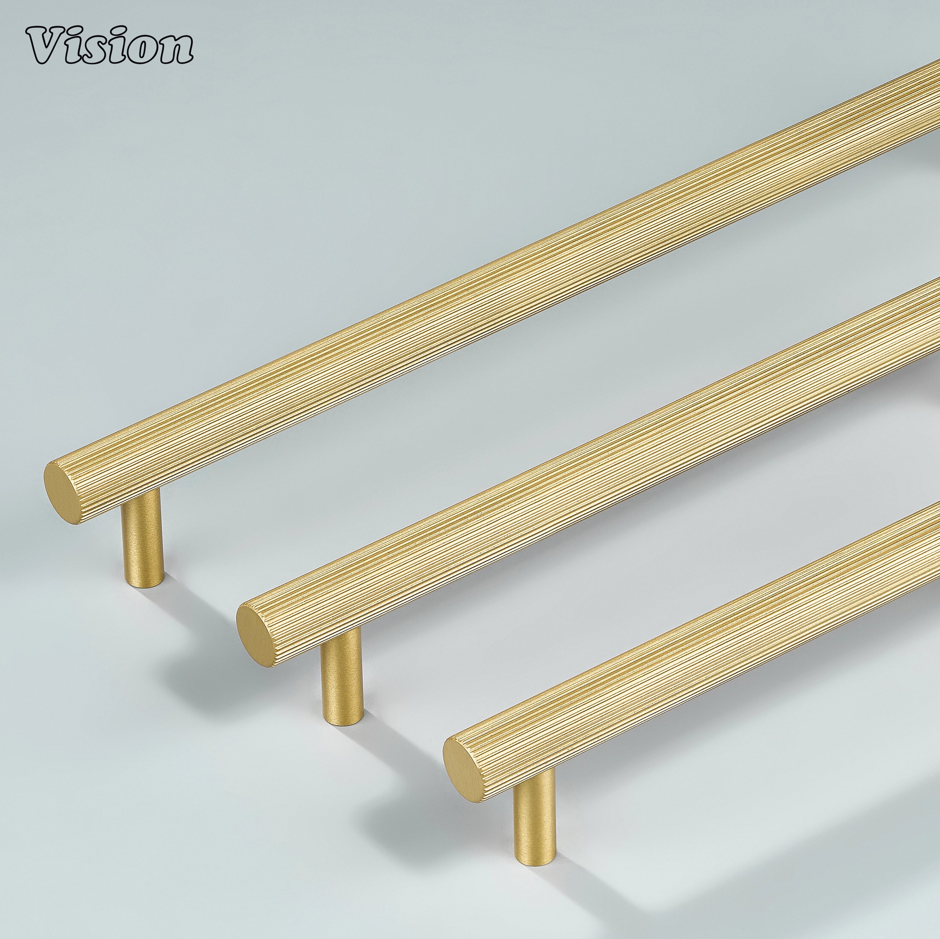 Gold linear knurled pull with cylindrical legs used for modern drawers and cupboards.
