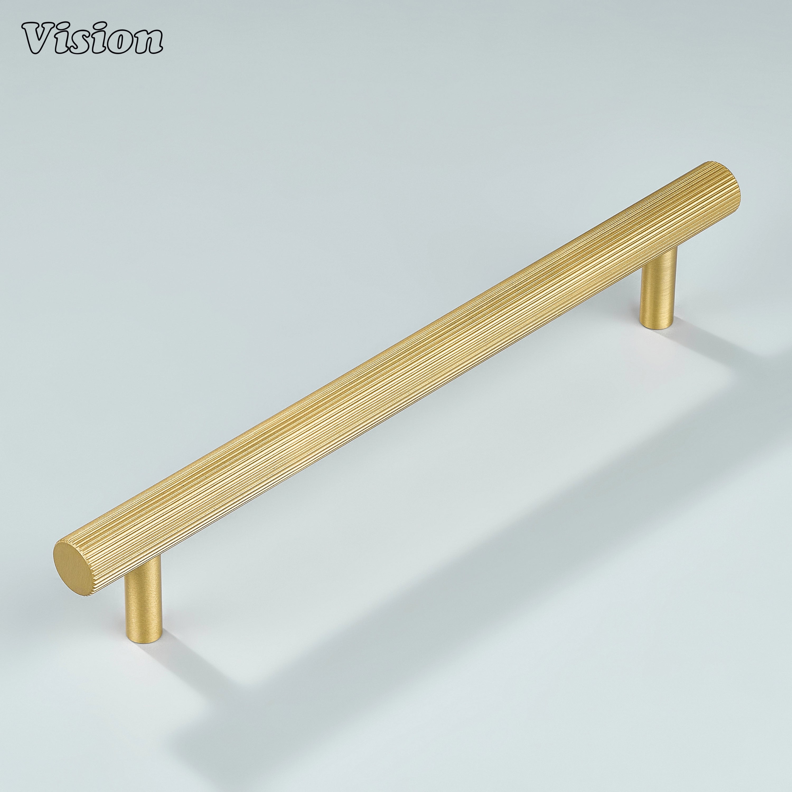 Gold linear knurled brass handle offering strong grip on dresser drawers.