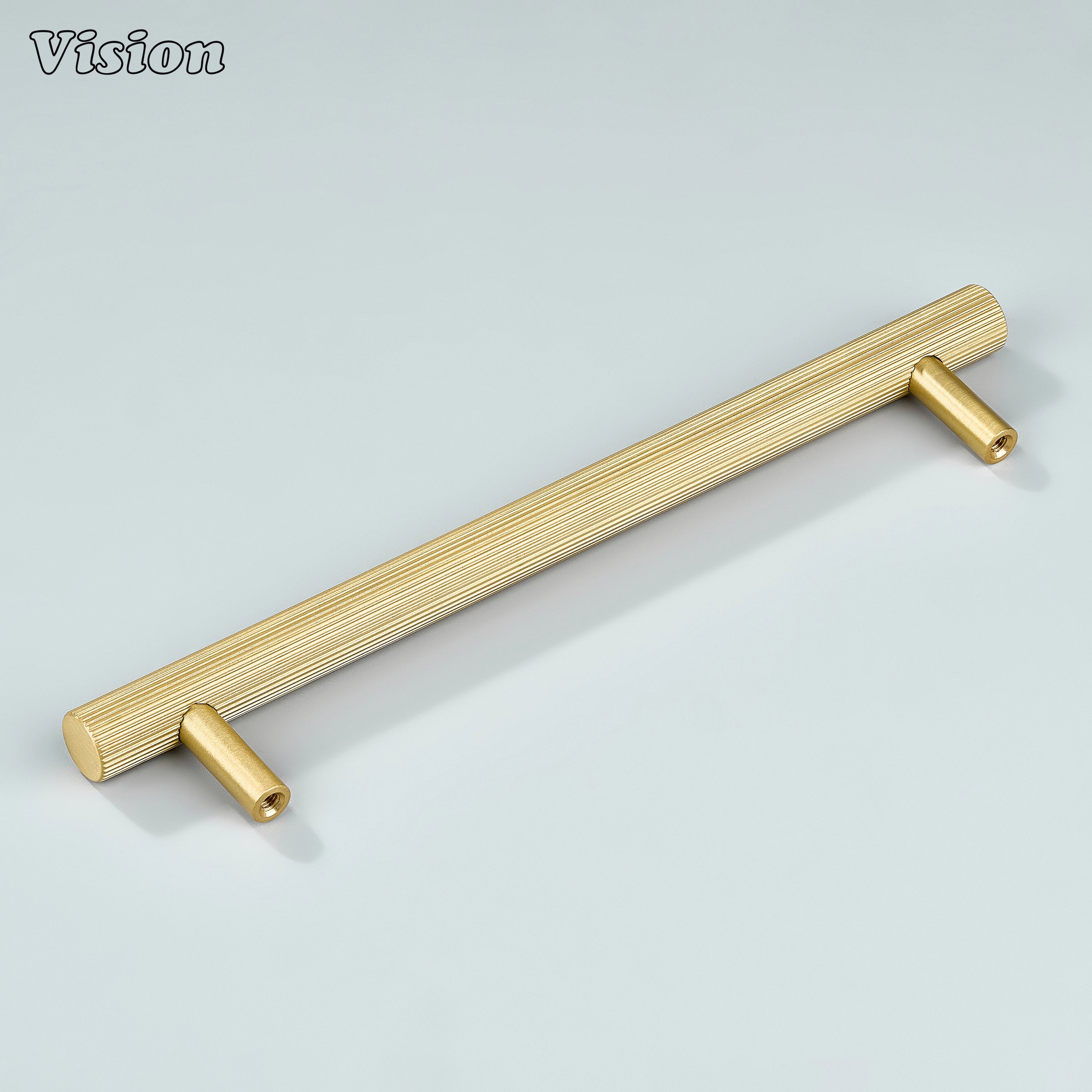 Gold linear knurled handle with premium texture used for modular kitchen units.