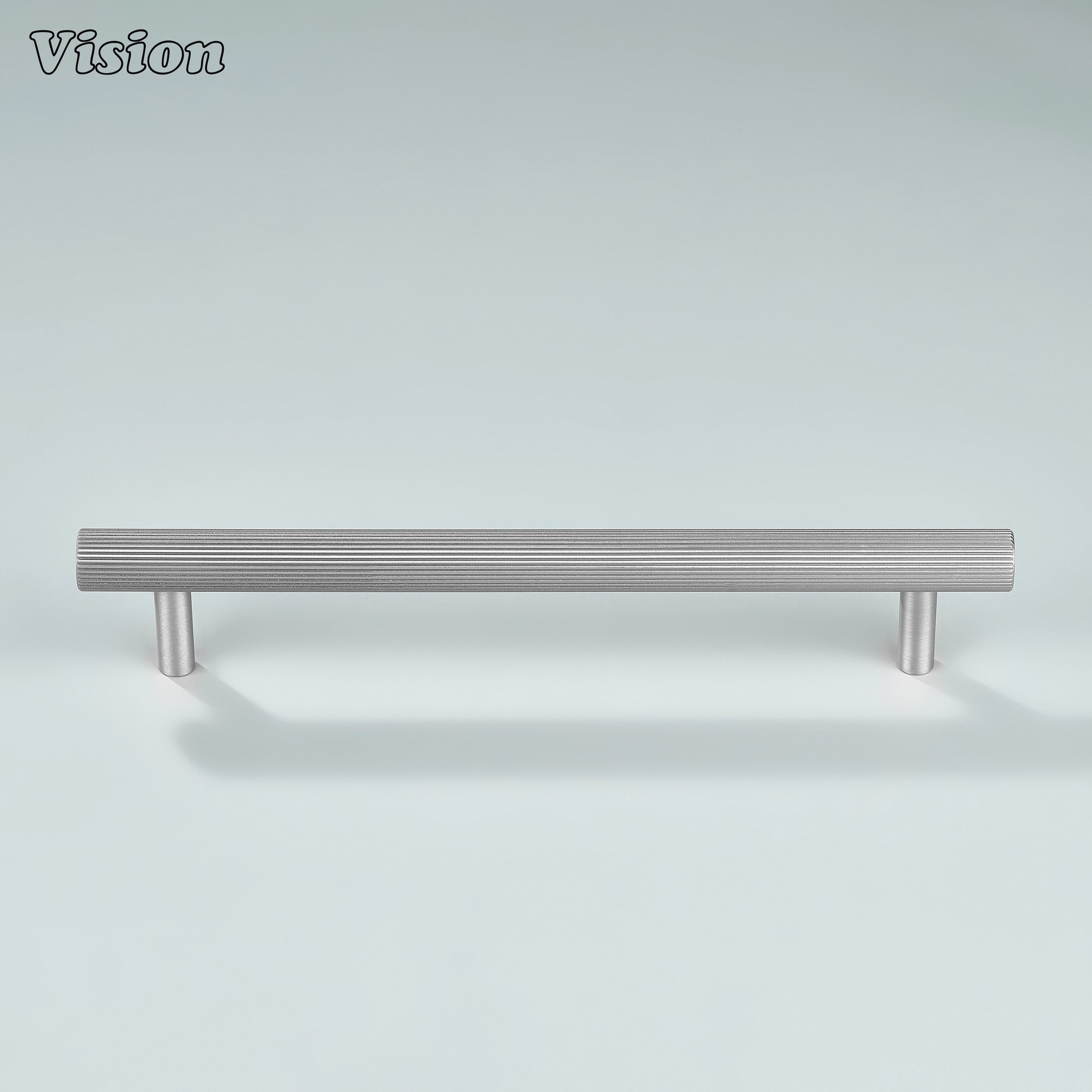 Silver linear knurled pull used on bathroom cabinets.