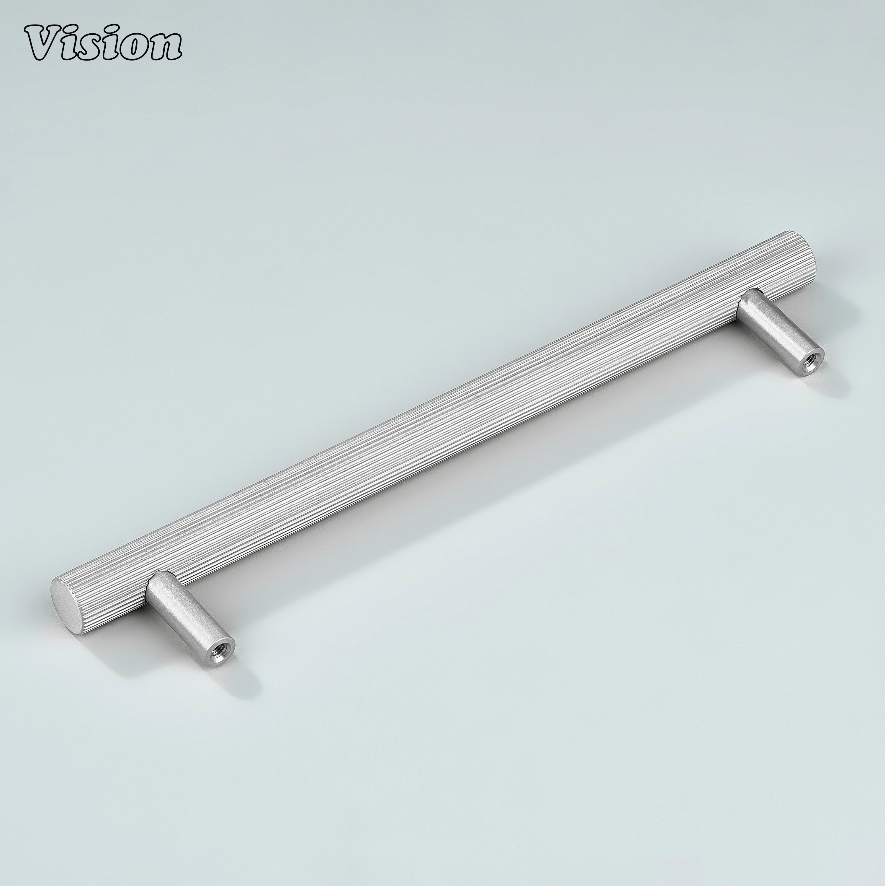Silver full knurl bar handle with slim cylindrical legs for modular kitchens.