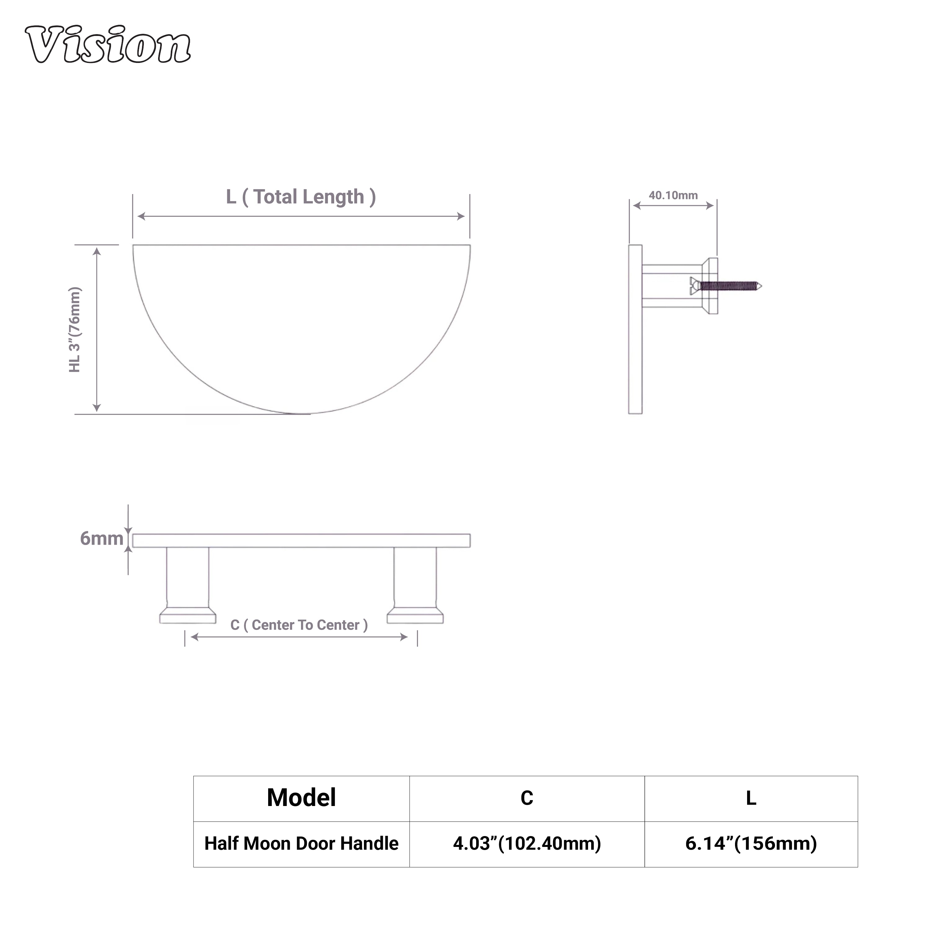 Half moon brass door handle in Antique Bronze finish for interior installations