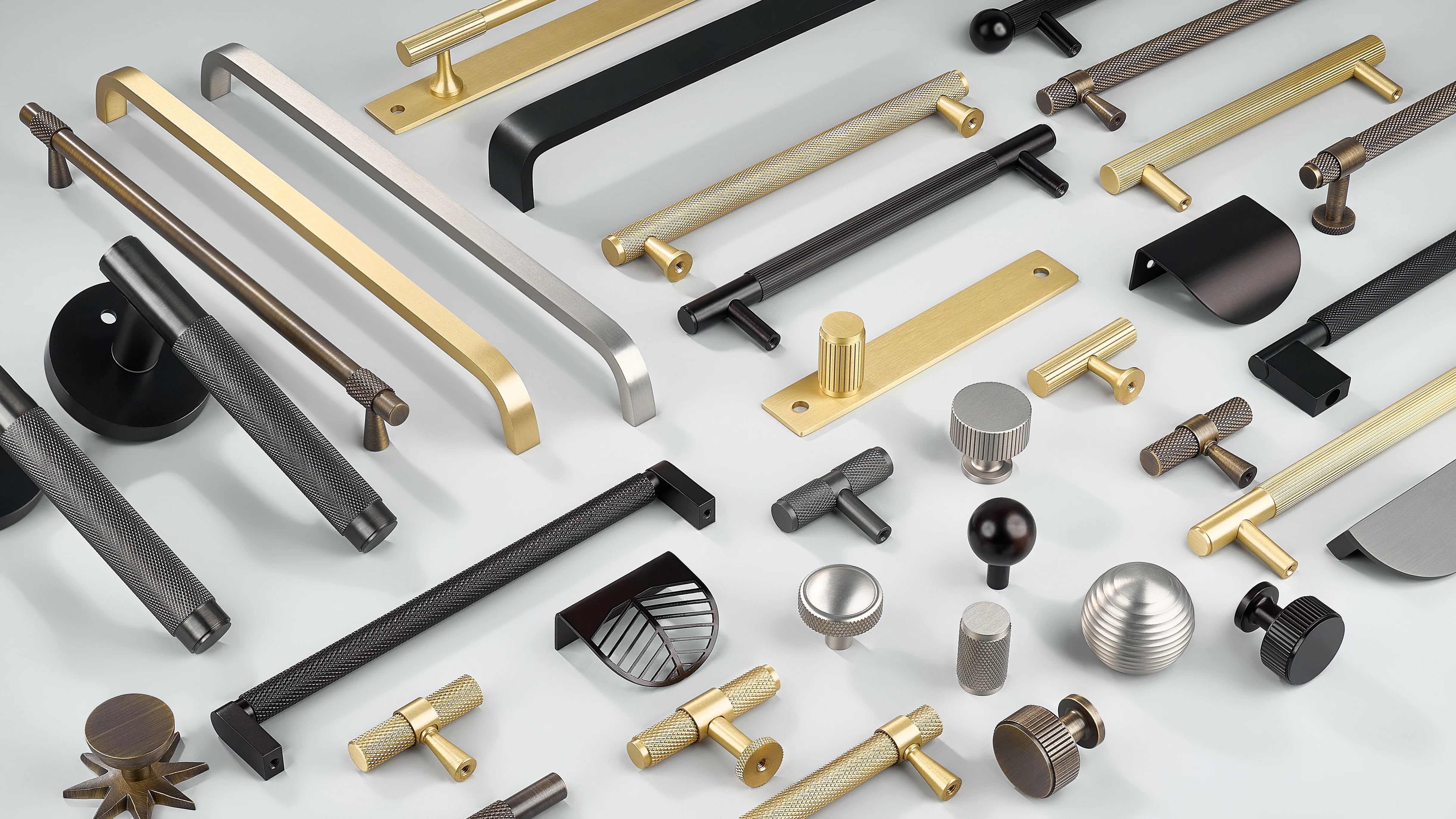 Cabinet Handles & Cabinet knobs with/without back-plate in diamond & linear knurling and curve without knurling; Cabinet Curved Profile Handles; Door Lever Handles in oil rubbed bronze, antique bronze, gold, silver and black finishes.