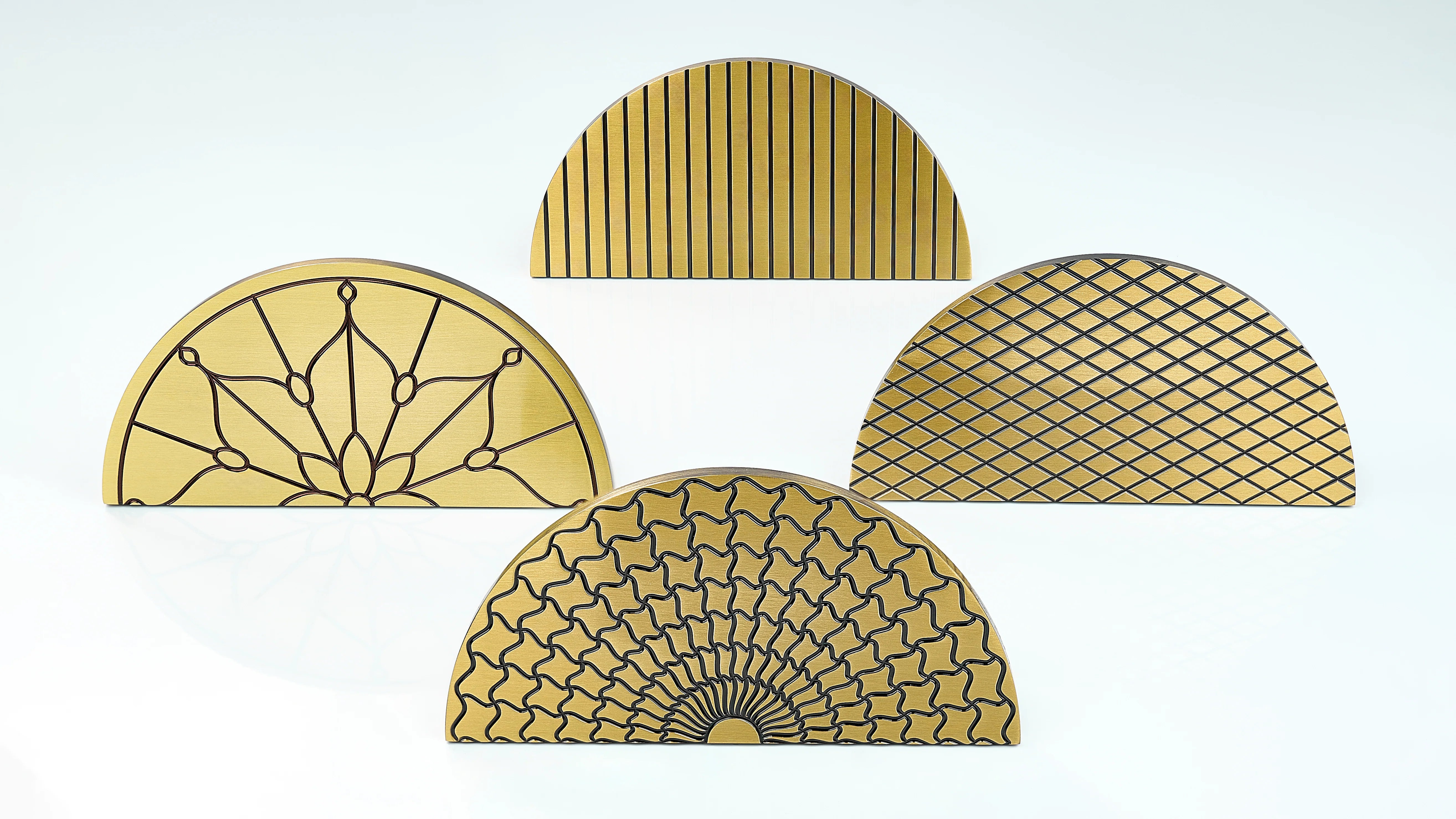 Half round door handle in gold and antique finish with diamond, zig-zag & linear knurling and flower pattern