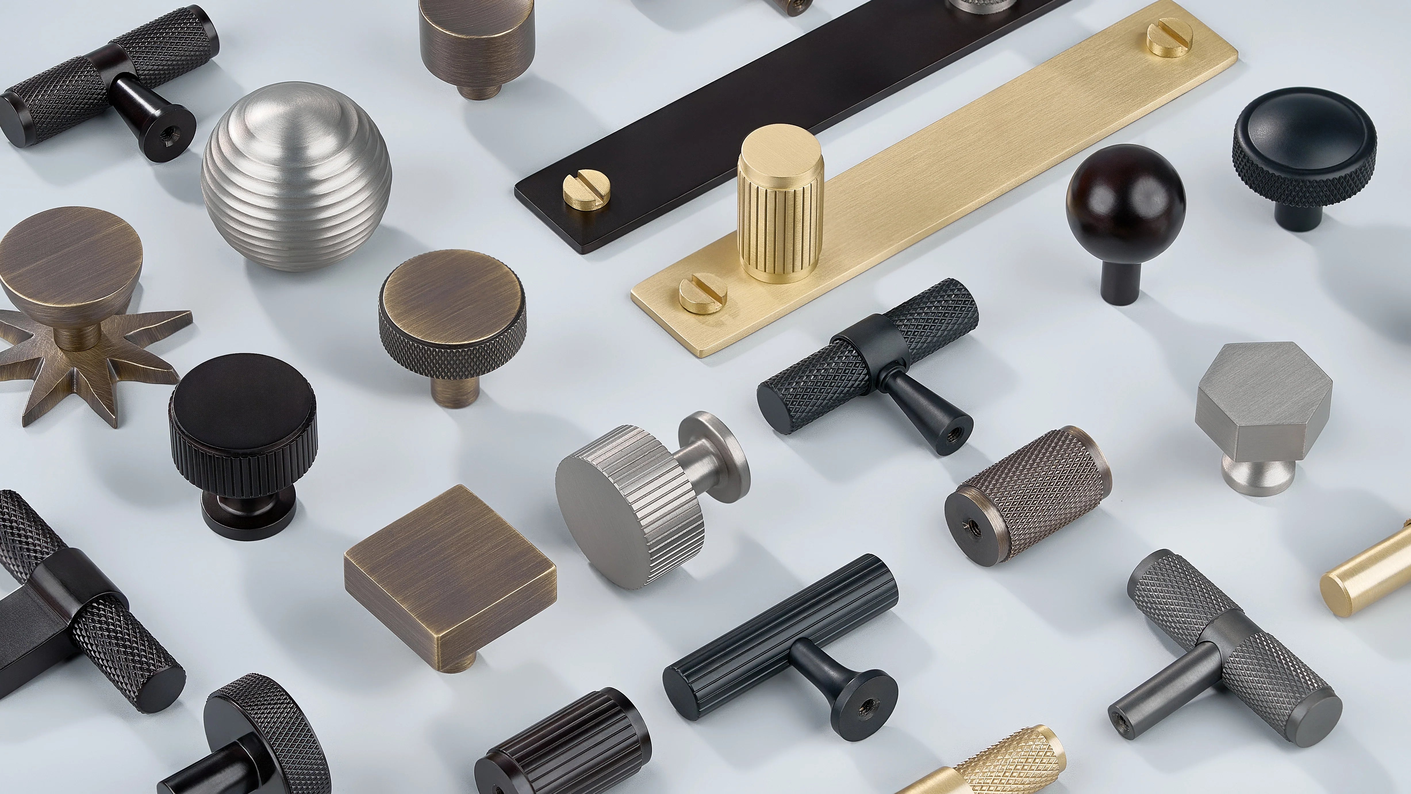 Cabinet Knobs in diamond knurling, linear knurling, square shape, hexagonal shape, sphere shape, T shape with and without back-plate in oil rubbed bronze, antique bronze, gold, silver and black