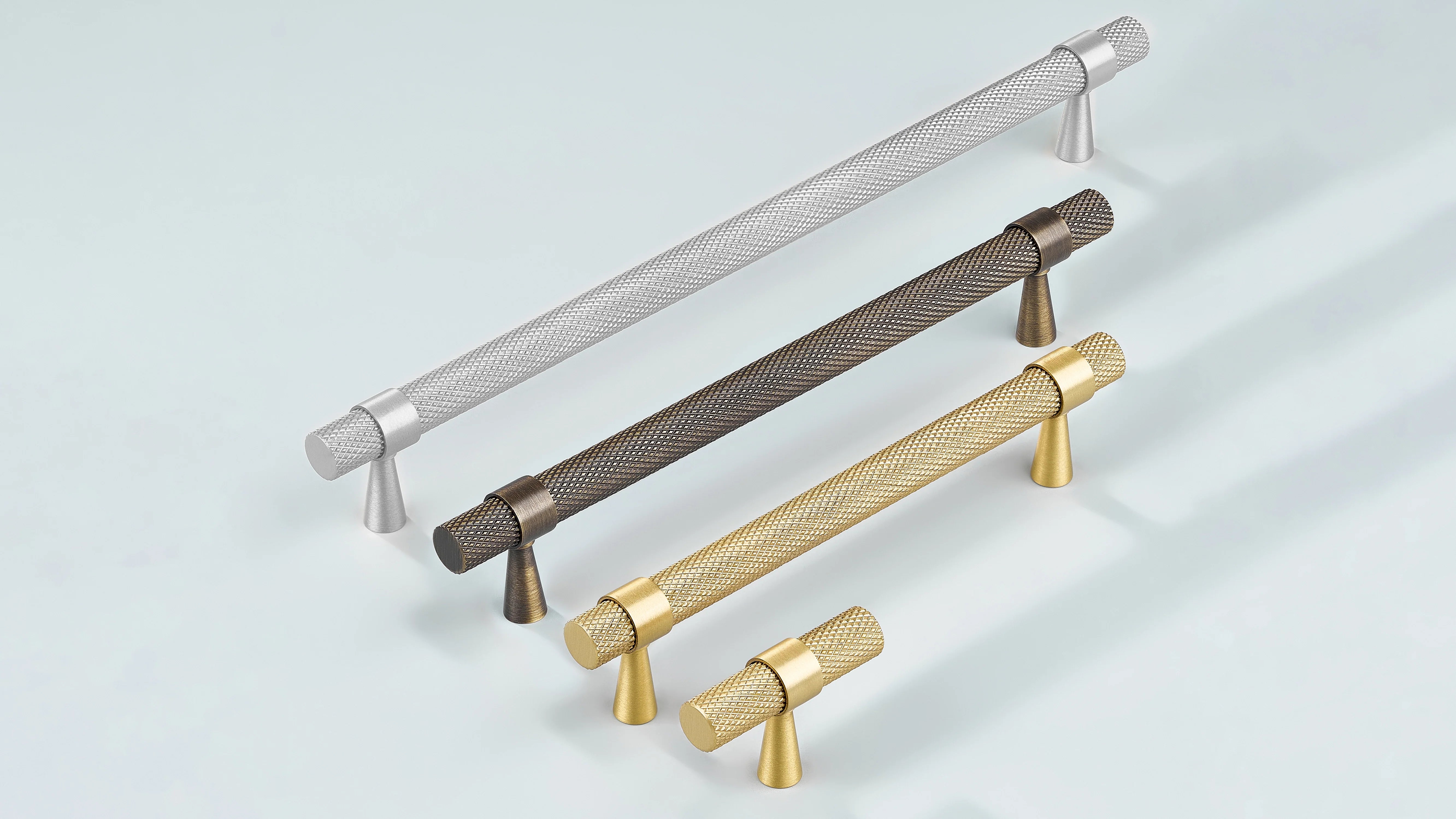 Diamond Knurled Cabinet Handle in silver, antique bronze and gold finishes in various sizes along with cabinet knob in gold finish