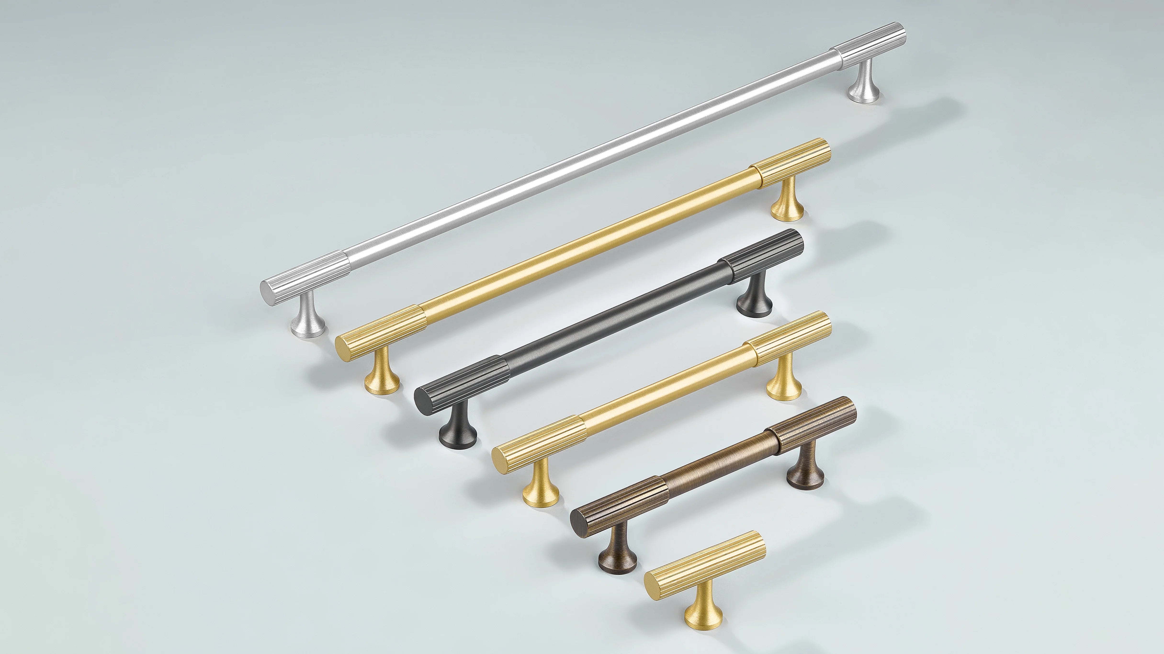Linear Knurled Cabinet Handle in silver, gold, gunmetal and antique bronze finishes in various sizes along with cabinet knob in gold finish