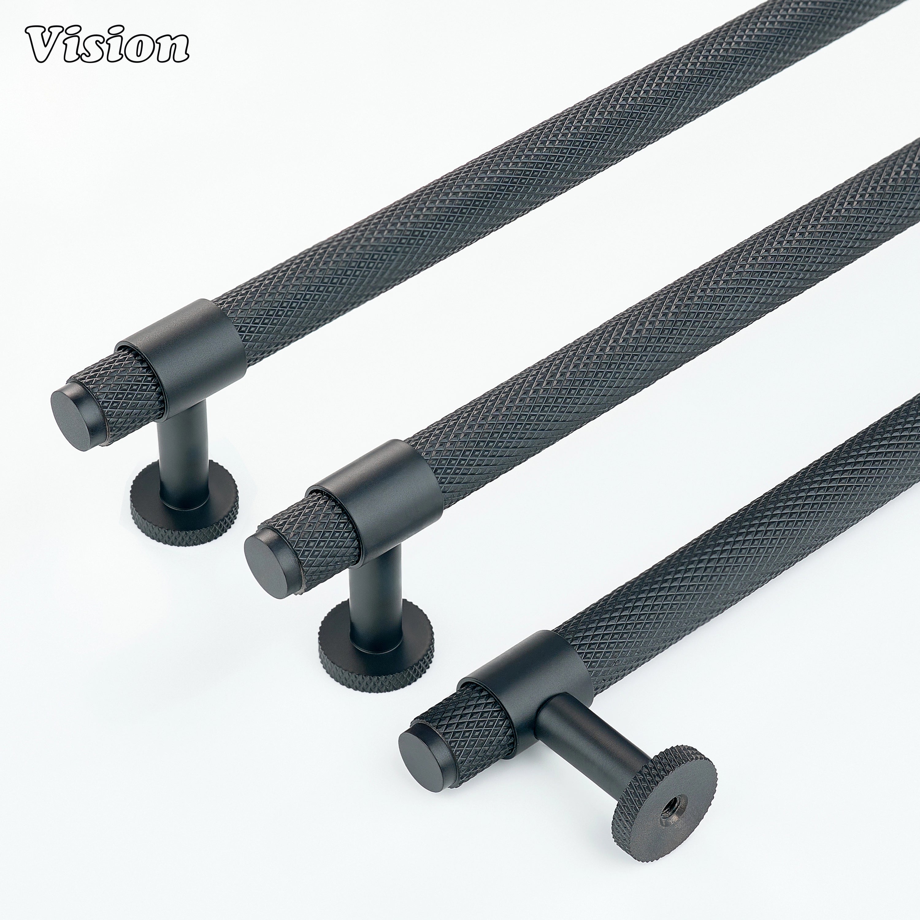 Black cabinet handle with textured grip and round legs for drawers
