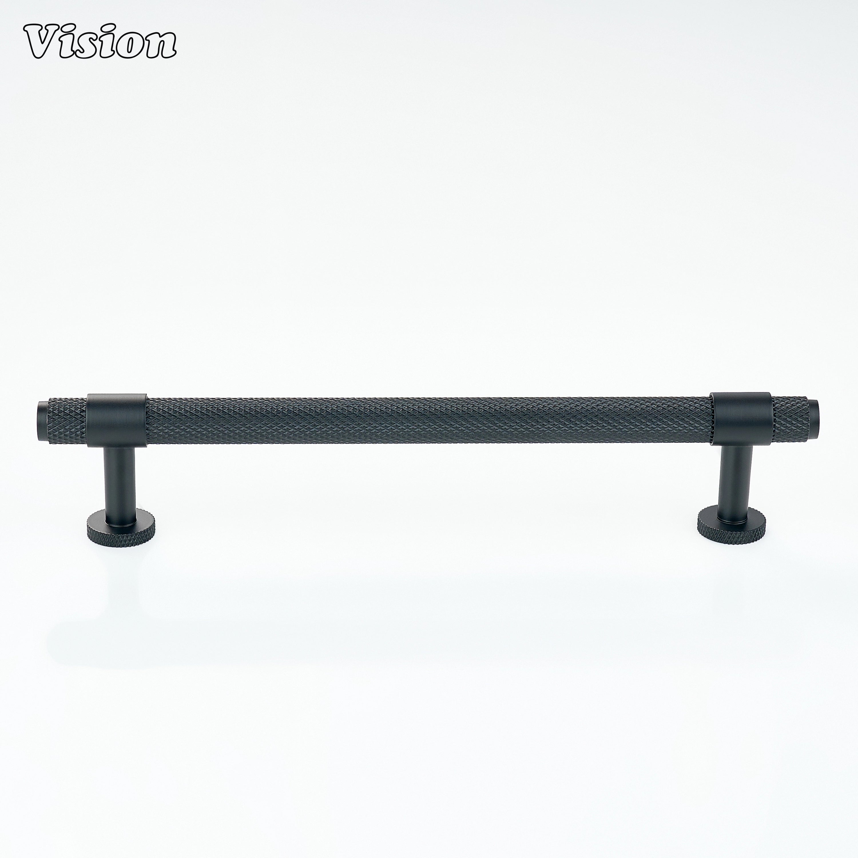 Black finish cabinet handle with detailed knurling for cabinet doors
