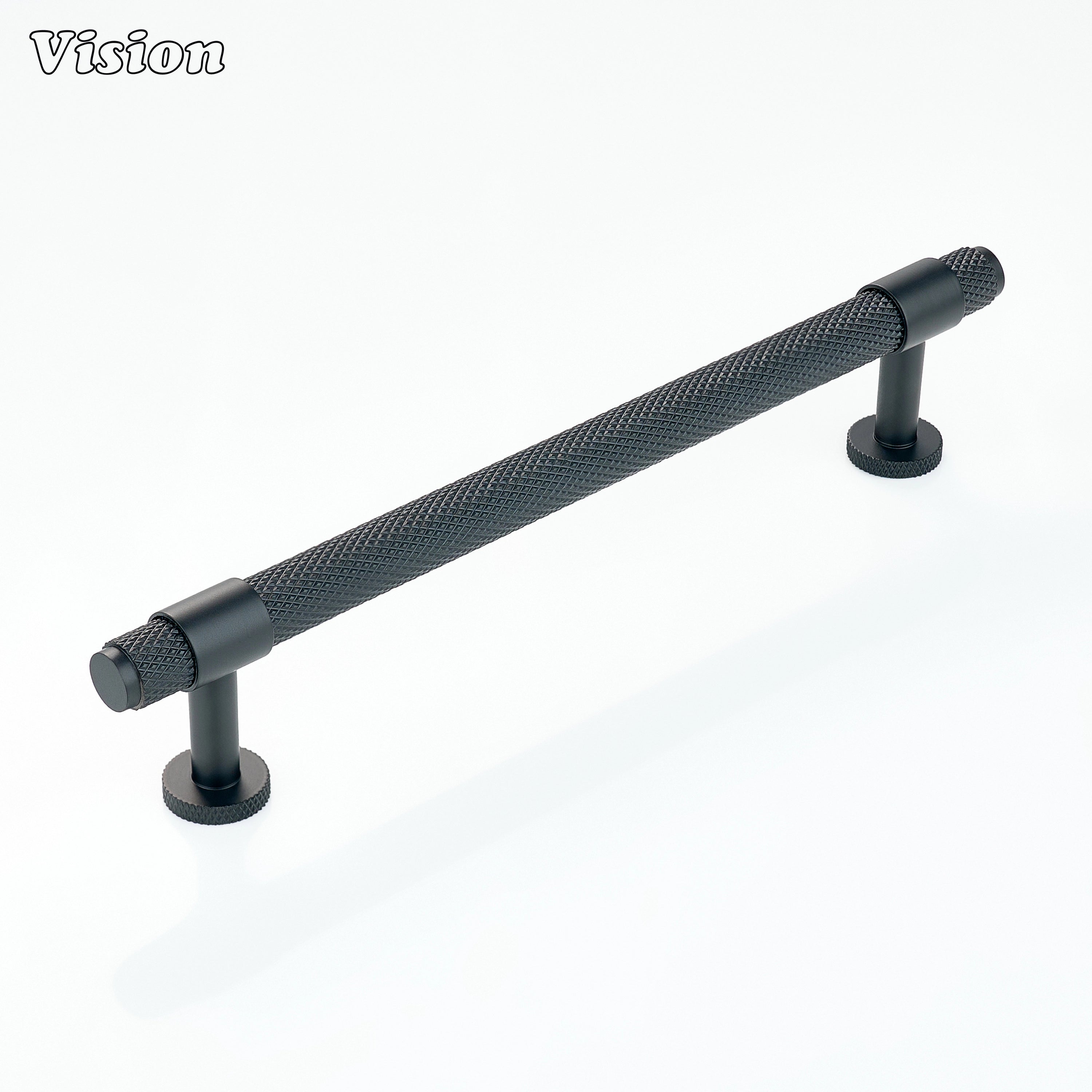 Knurled Black cabinet handle with round mounts for kitchen drawers
